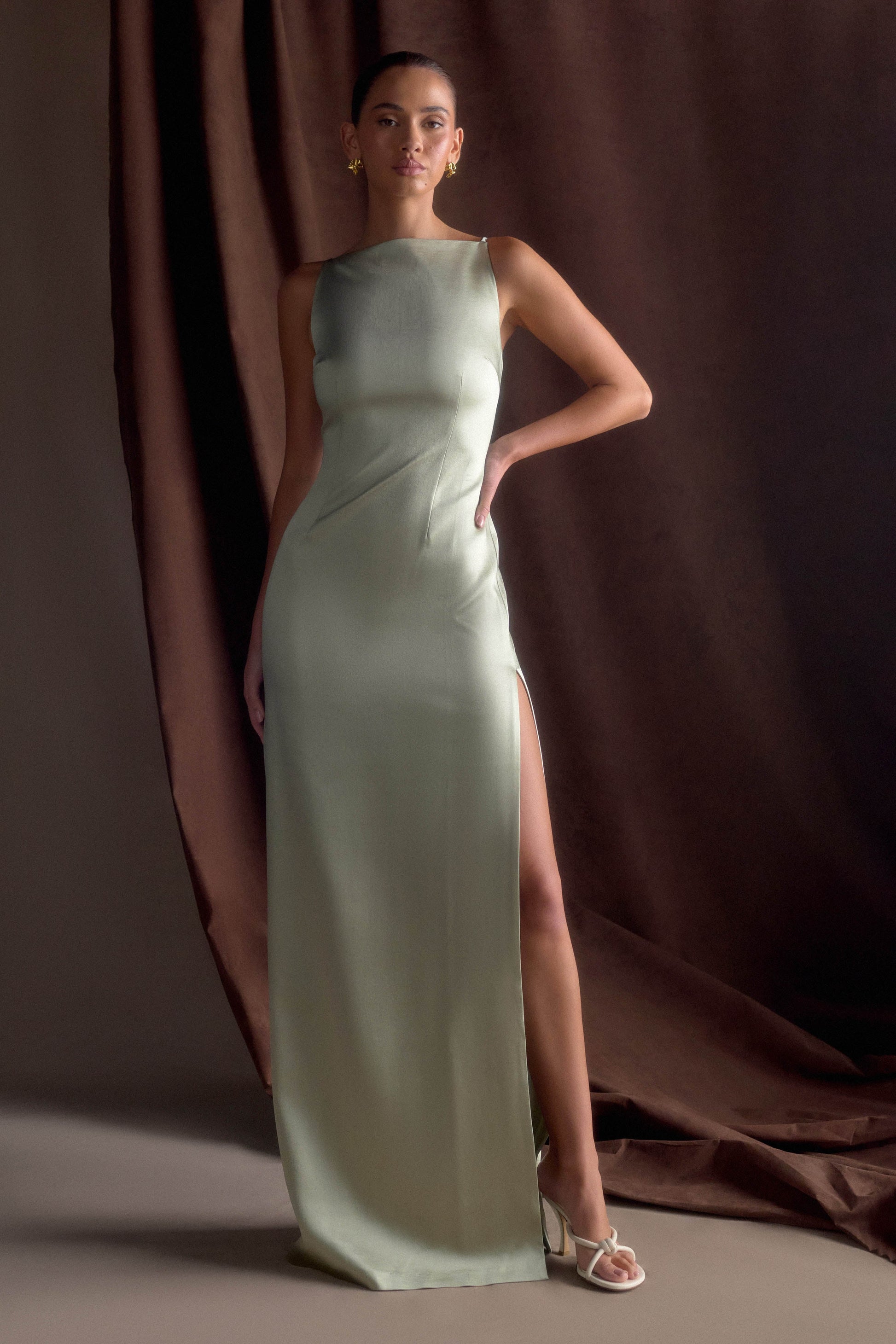 Violet Sleeveless Satin Maxi Dress - Sage #8