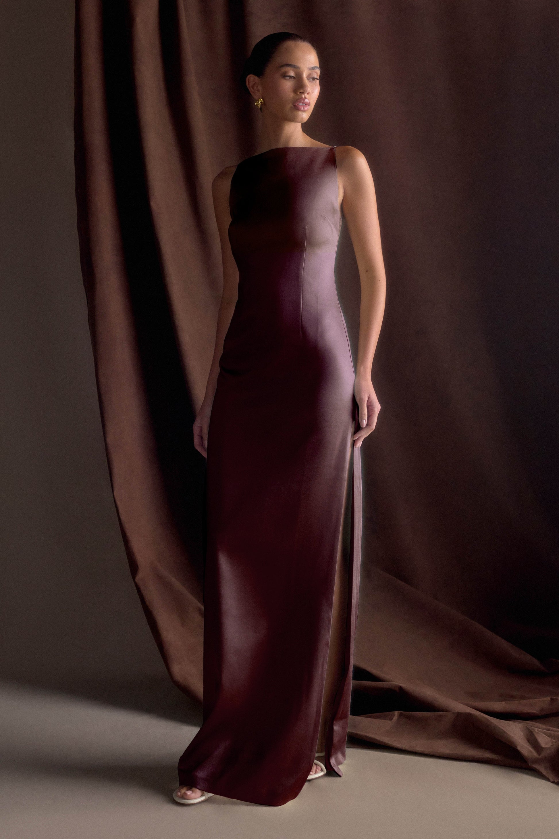 Violet Sleeveless Satin Maxi Dress - Dark Chocolate #8