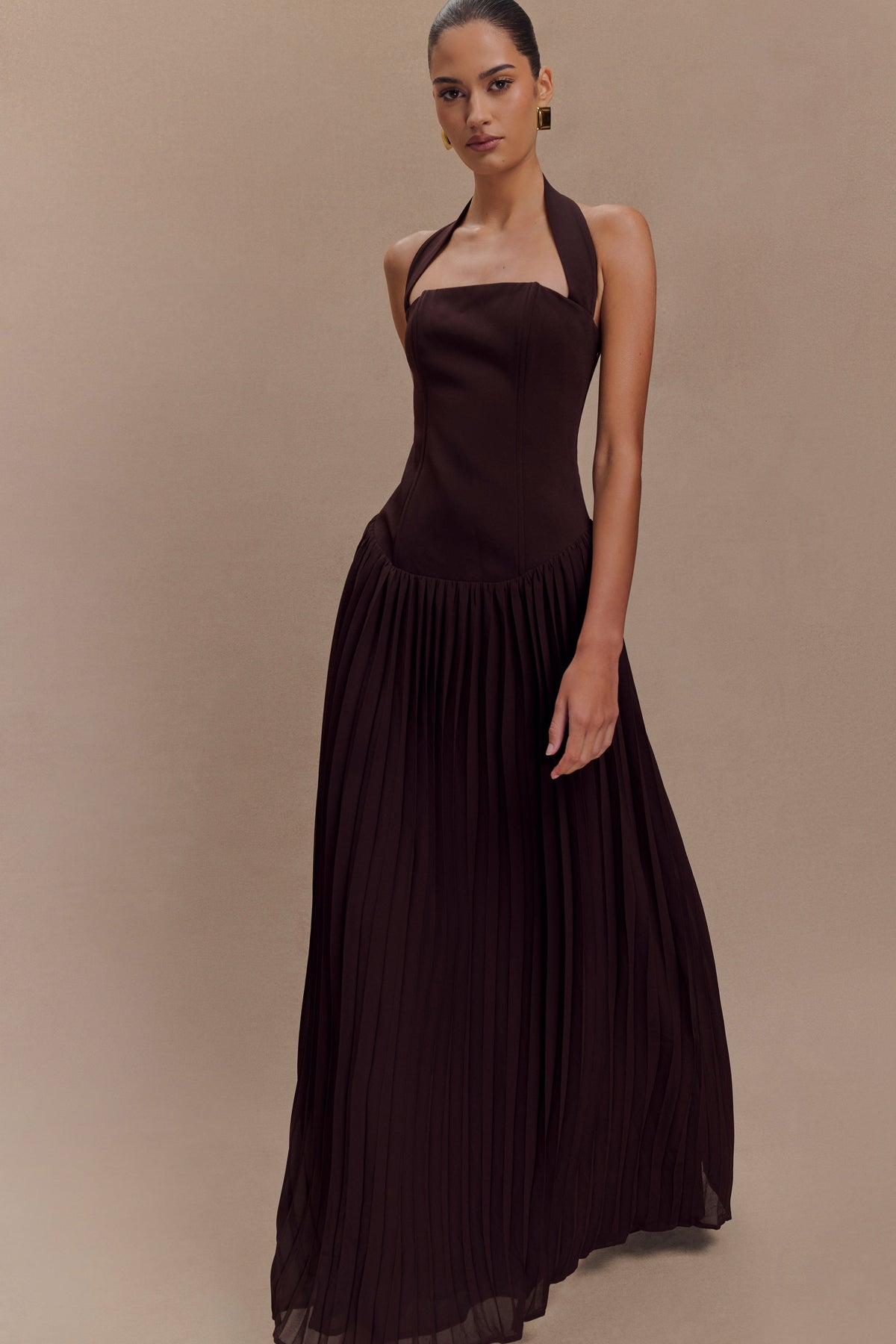 Stacie Pleated Halter Maxi Dress - Cacao #5