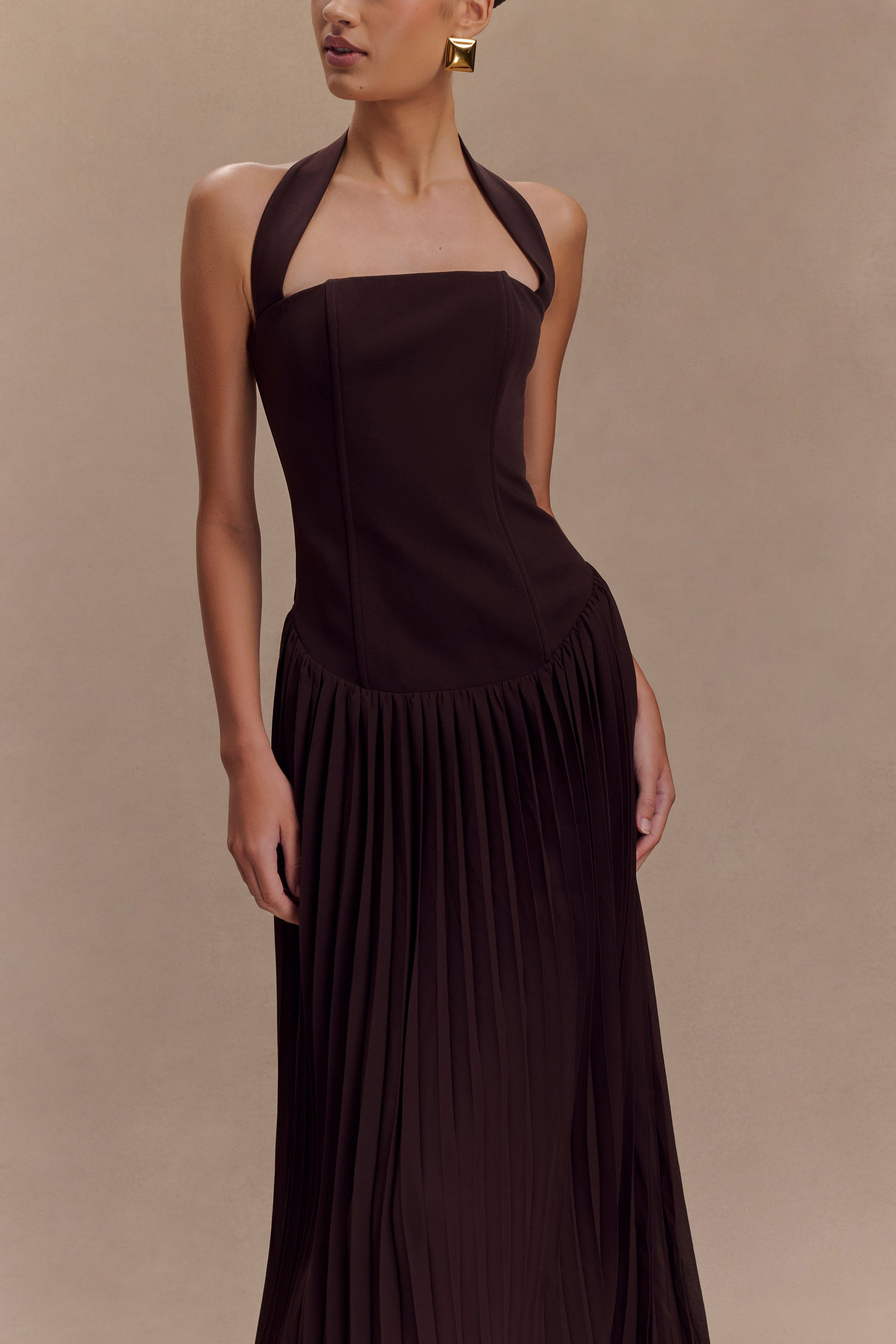 Stacie Pleated Halter Maxi Dress - Cacao #3