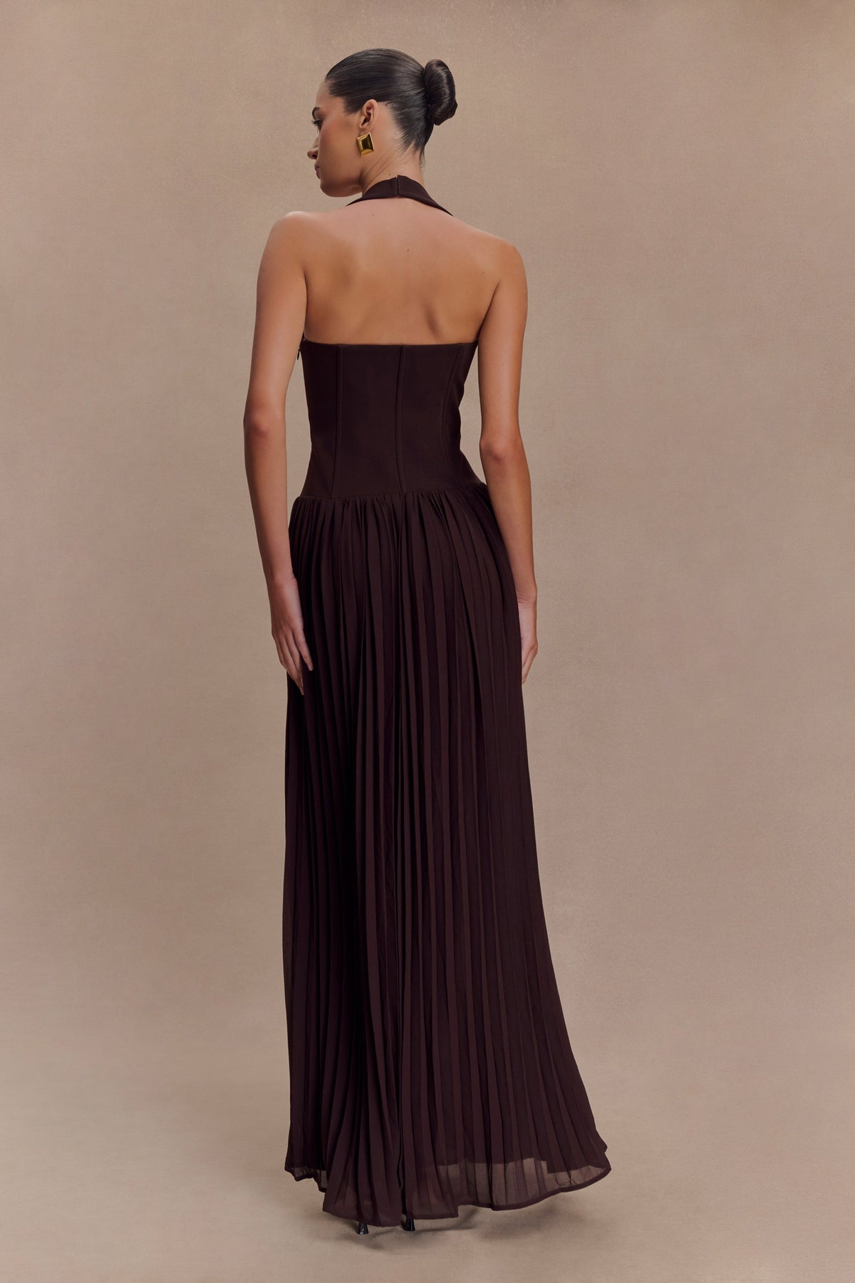 Stacie Pleated Halter Maxi Dress - Cacao #2