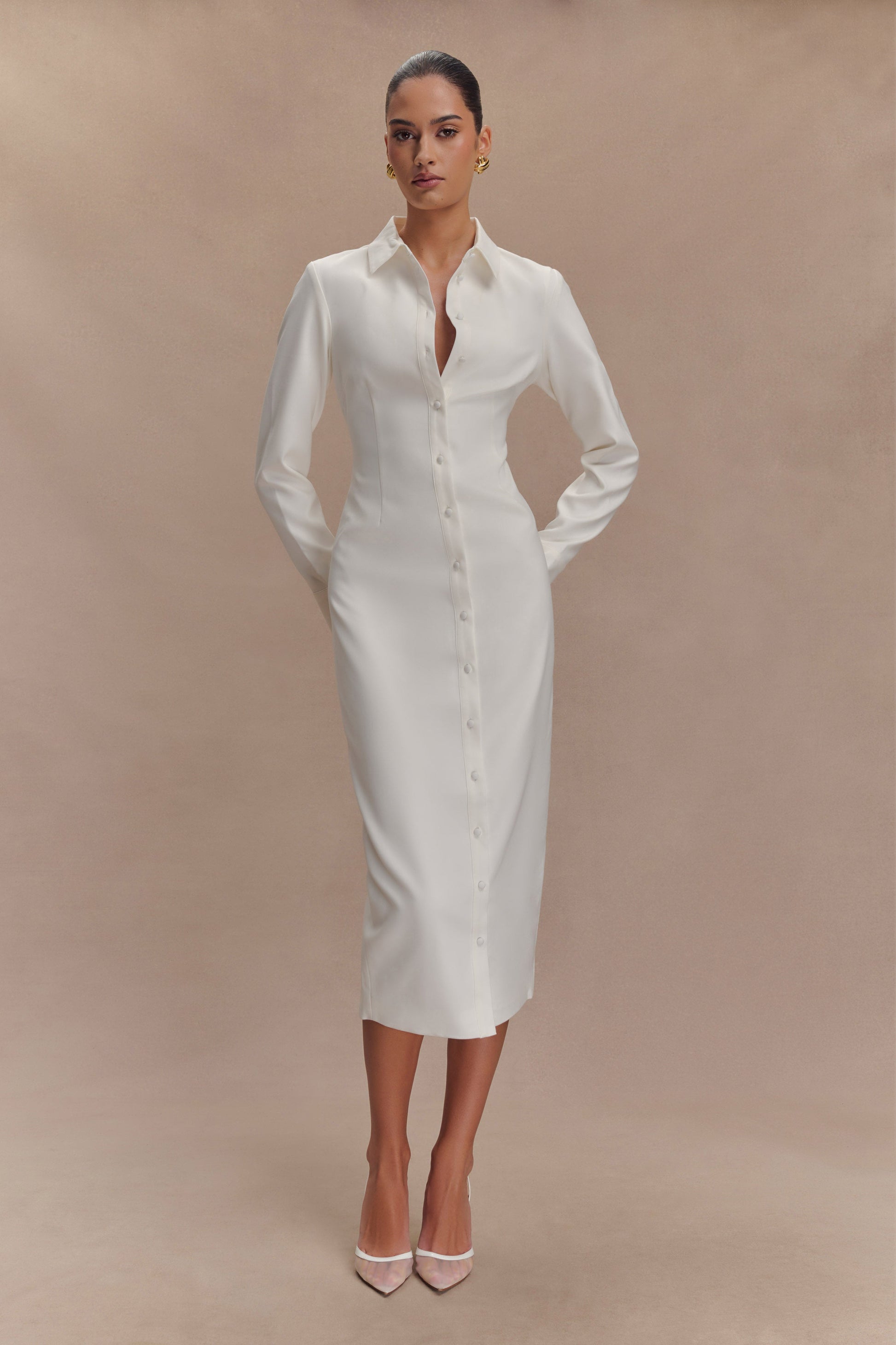 Dorian Fitted Shirt Midi Dress - White #7