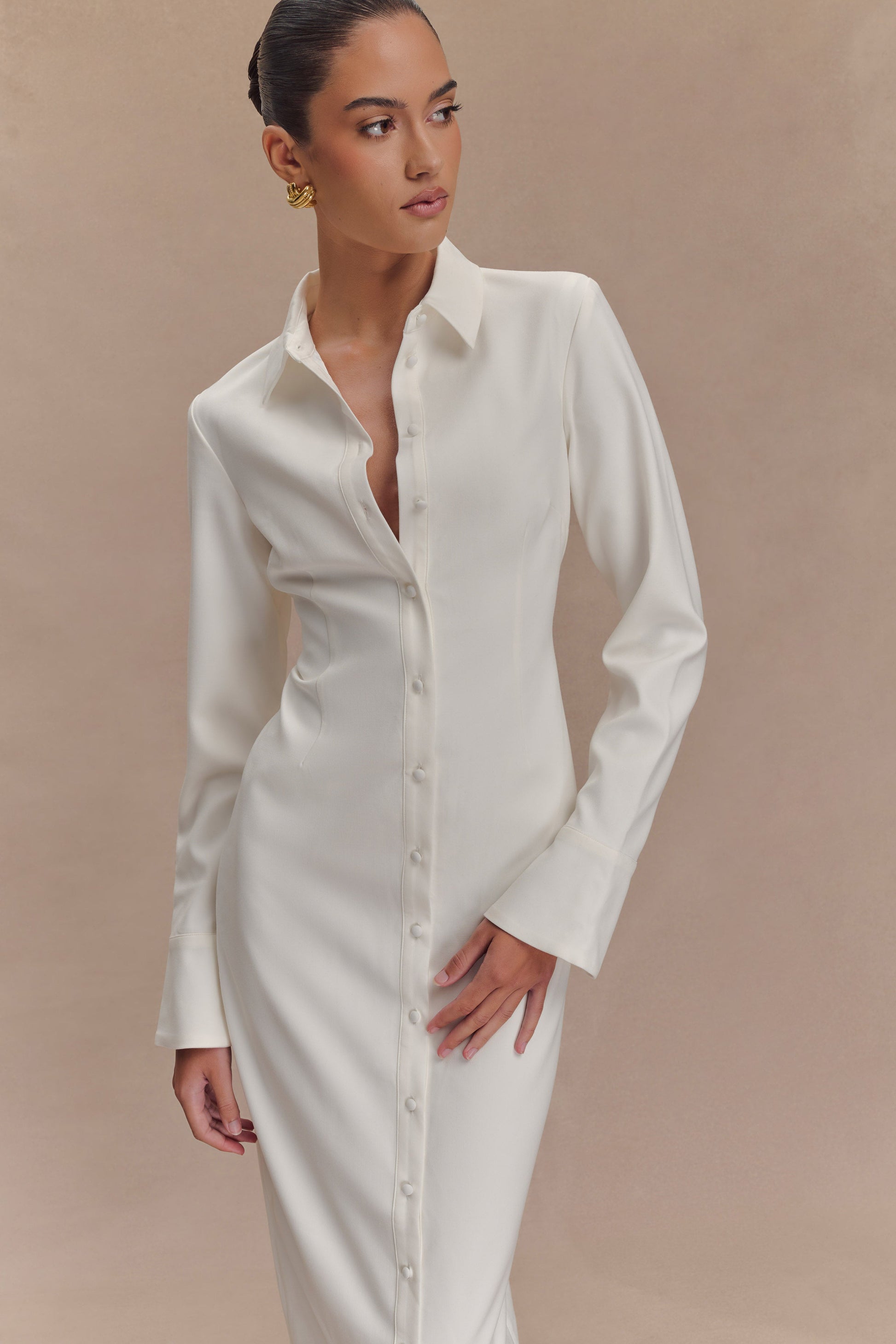 Dorian Fitted Shirt Midi Dress - White #5