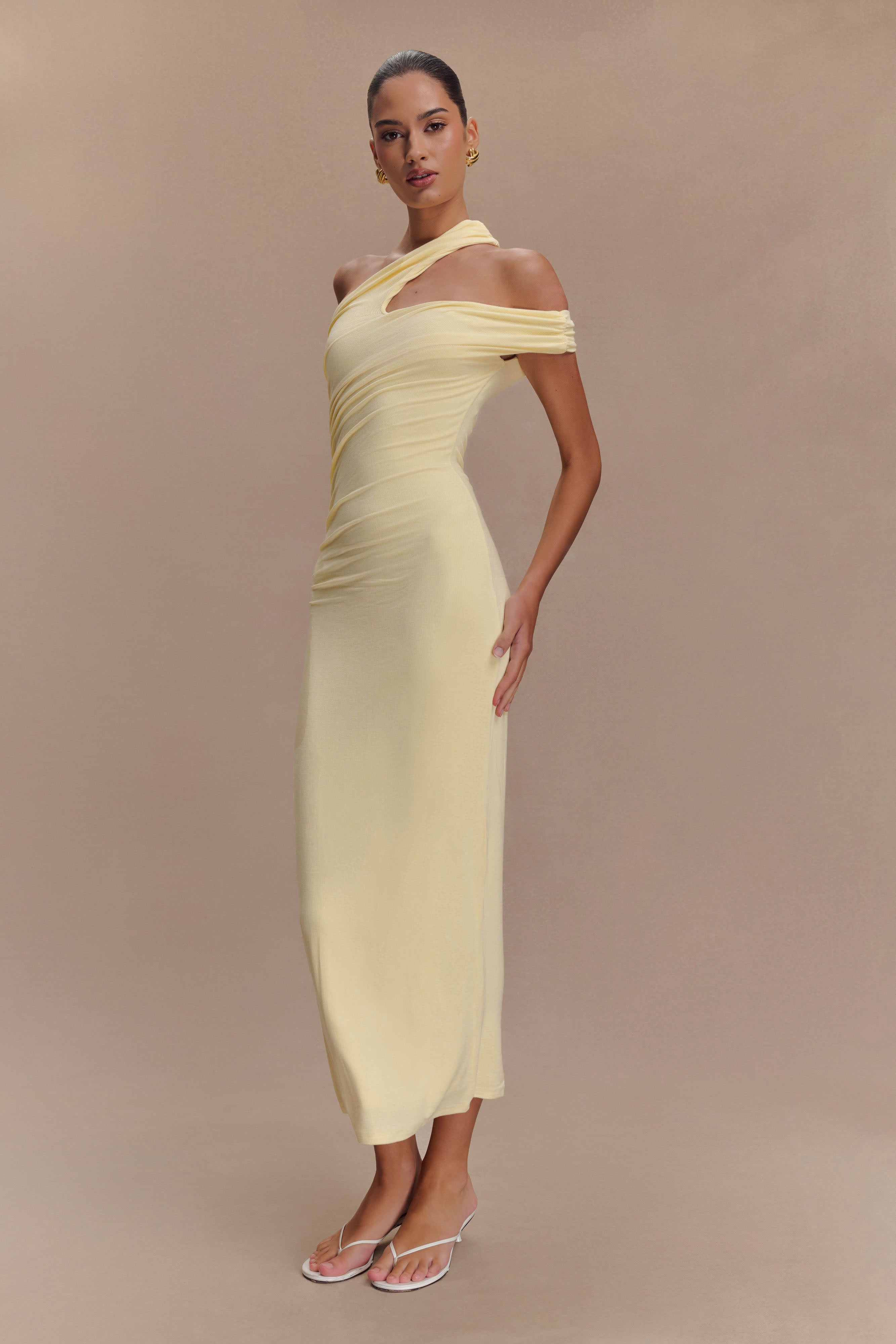 Anastasia One Shoulder Modal Midi Dress - Pale Lemon | MESHKI UK