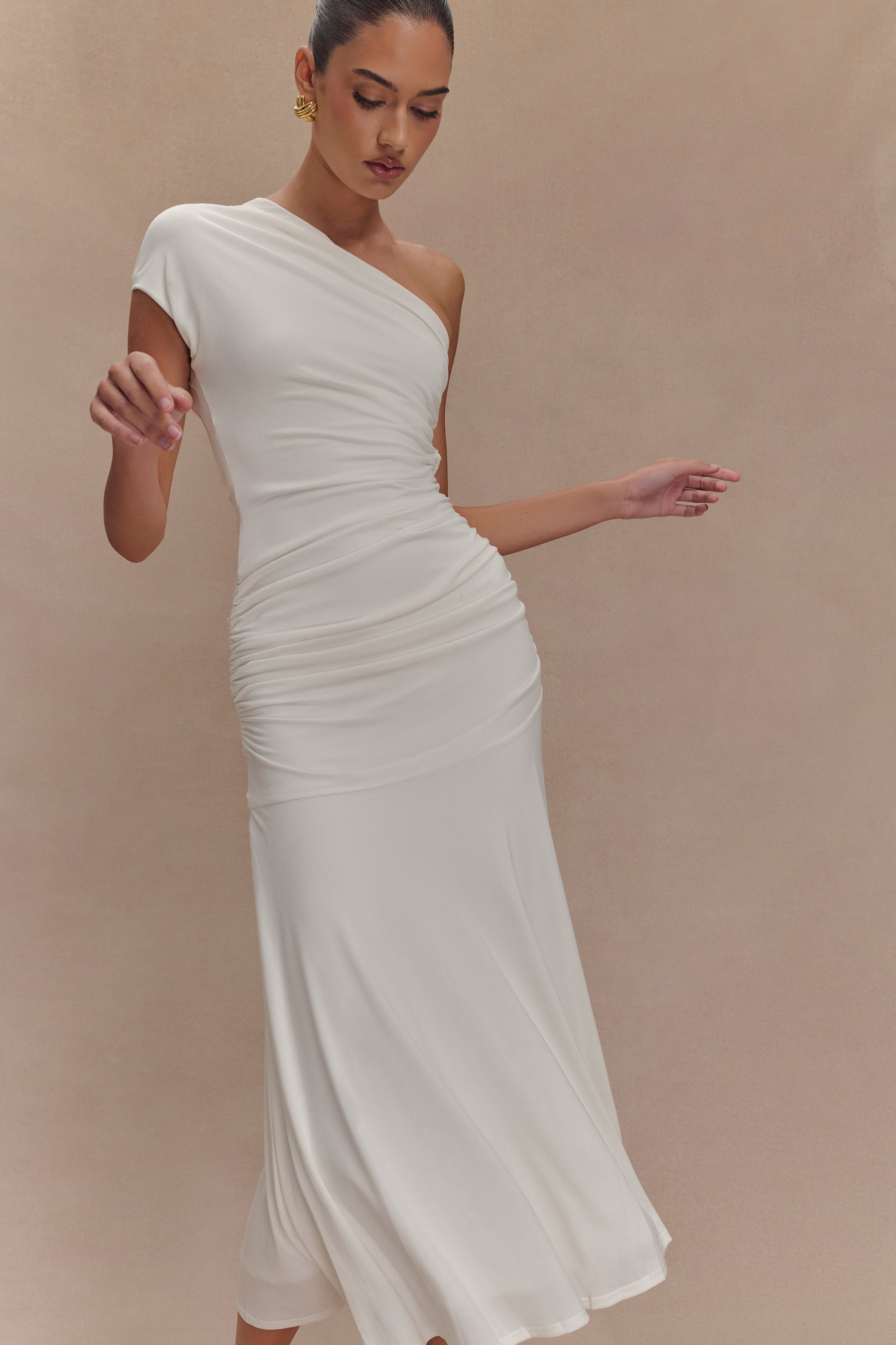 Chloe Peached Jersey One Shoulder Midi Dress - Ivory #4