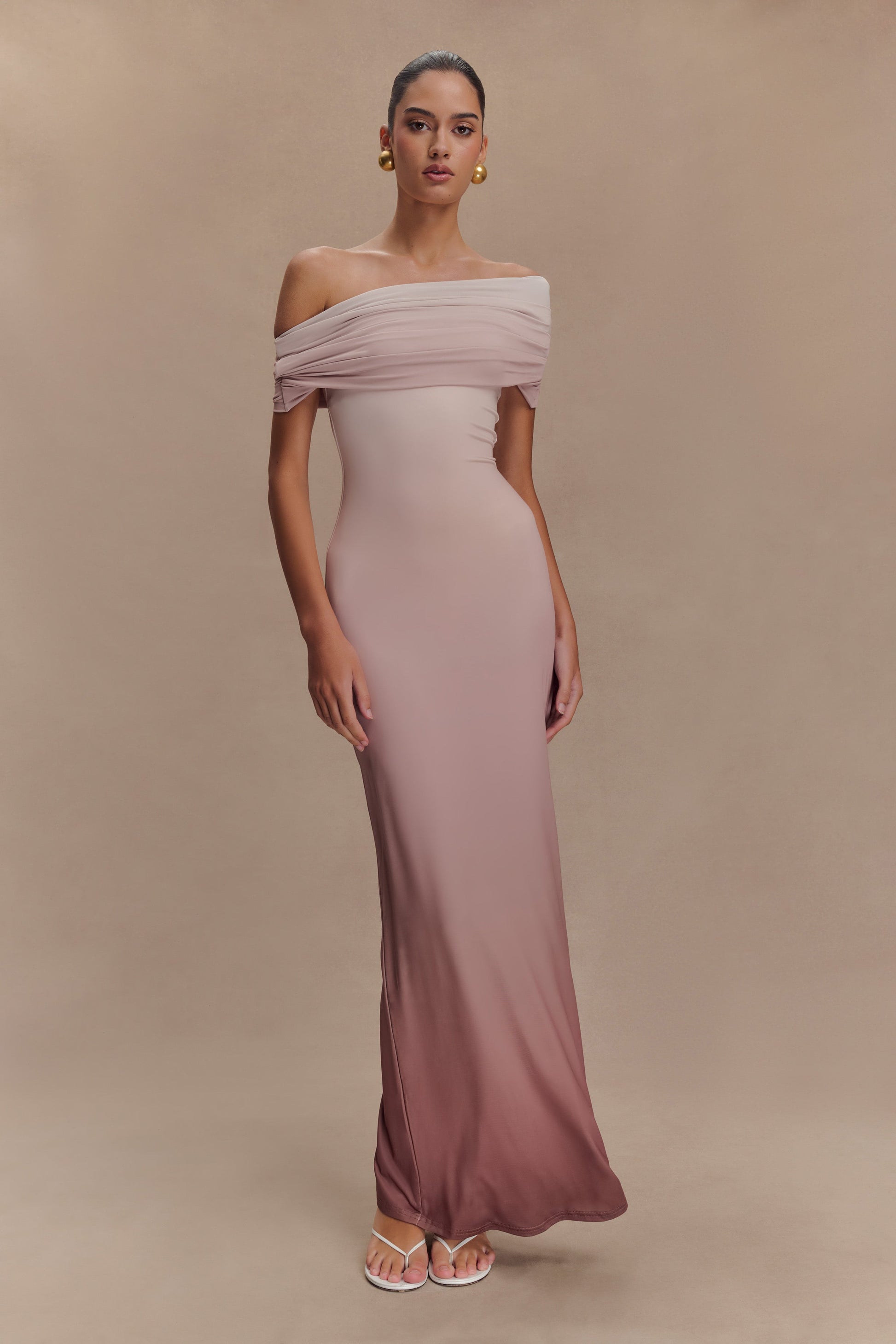 Cassandra Off Shoulder Slinky Maxi Dress - Neutral Ombre #5