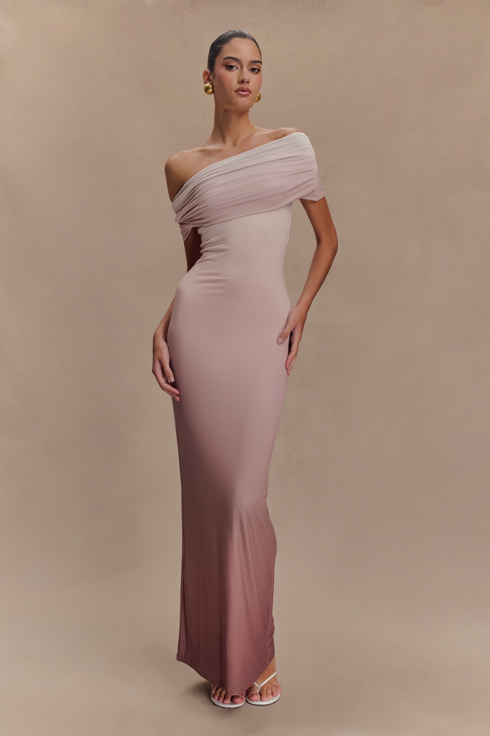 Cassandra Off Shoulder Slinky Maxi Dress - Neutral Ombre #7