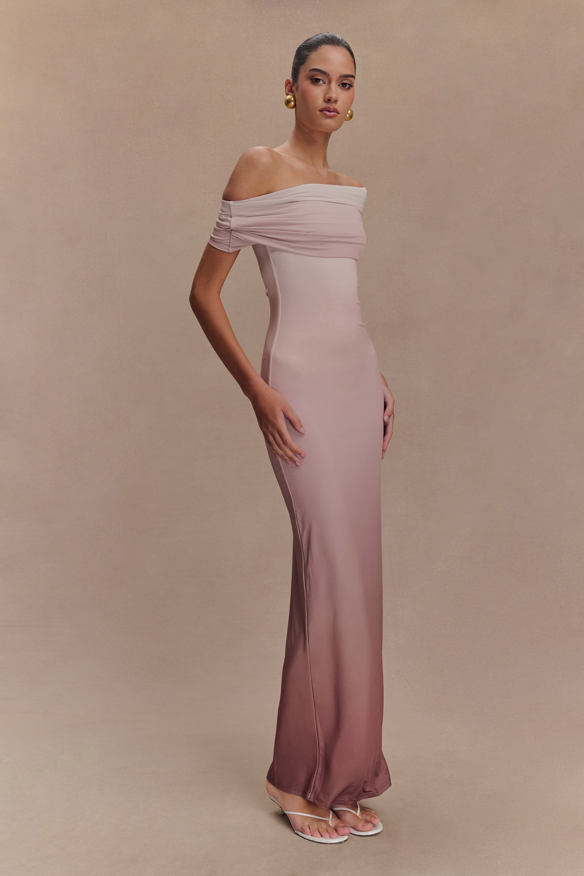 Cassandra Off Shoulder Slinky Maxi Dress - Neutral Ombre #4