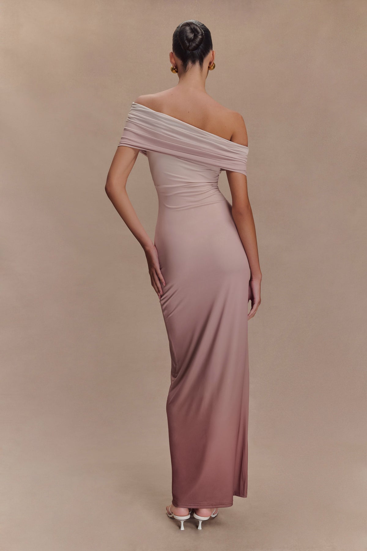 Cassandra Off Shoulder Slinky Maxi Dress - Neutral Ombre