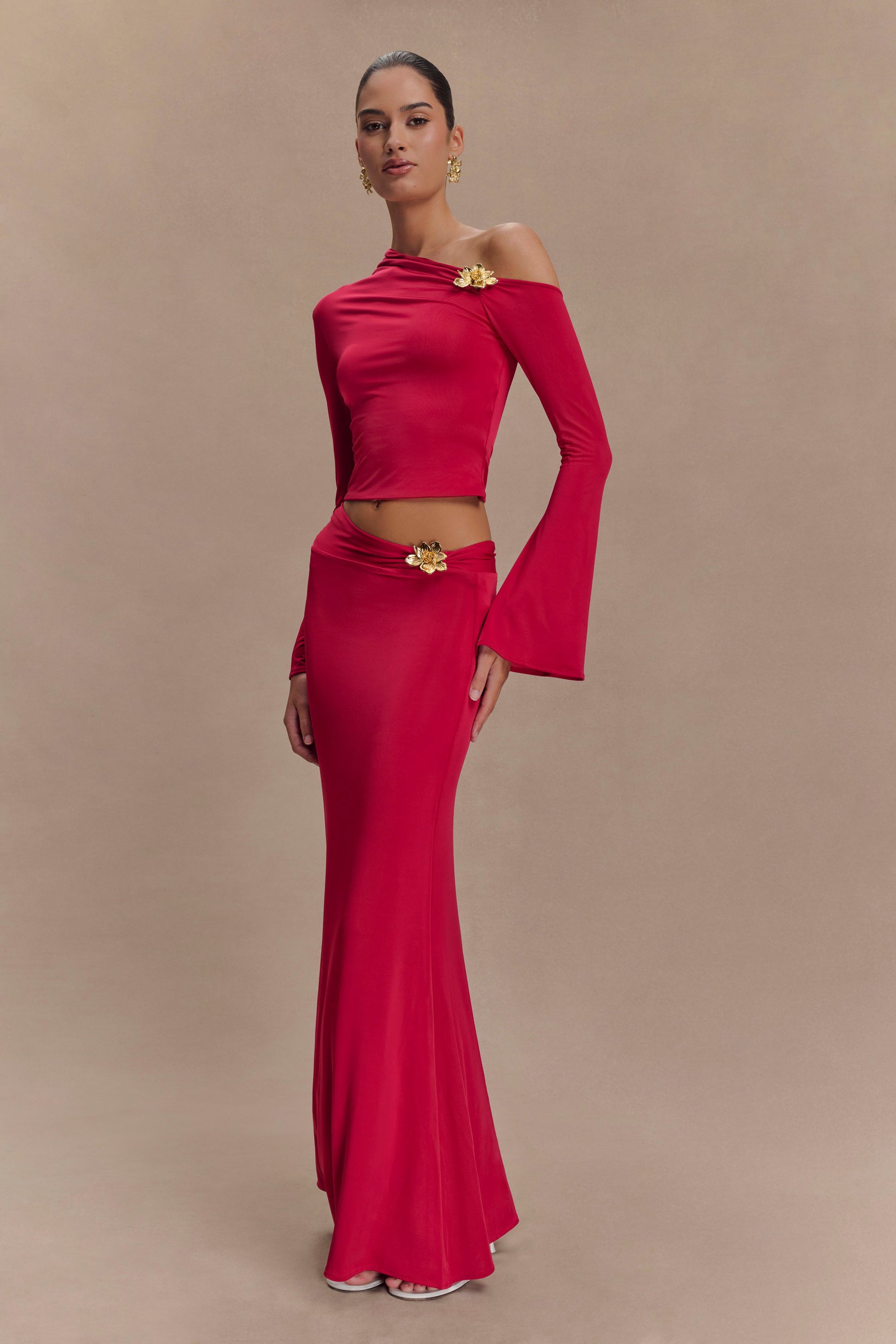 Ainsley Asymmetrical Long Sleeve Top With Floral Hardware - Fuchsia Pink #5