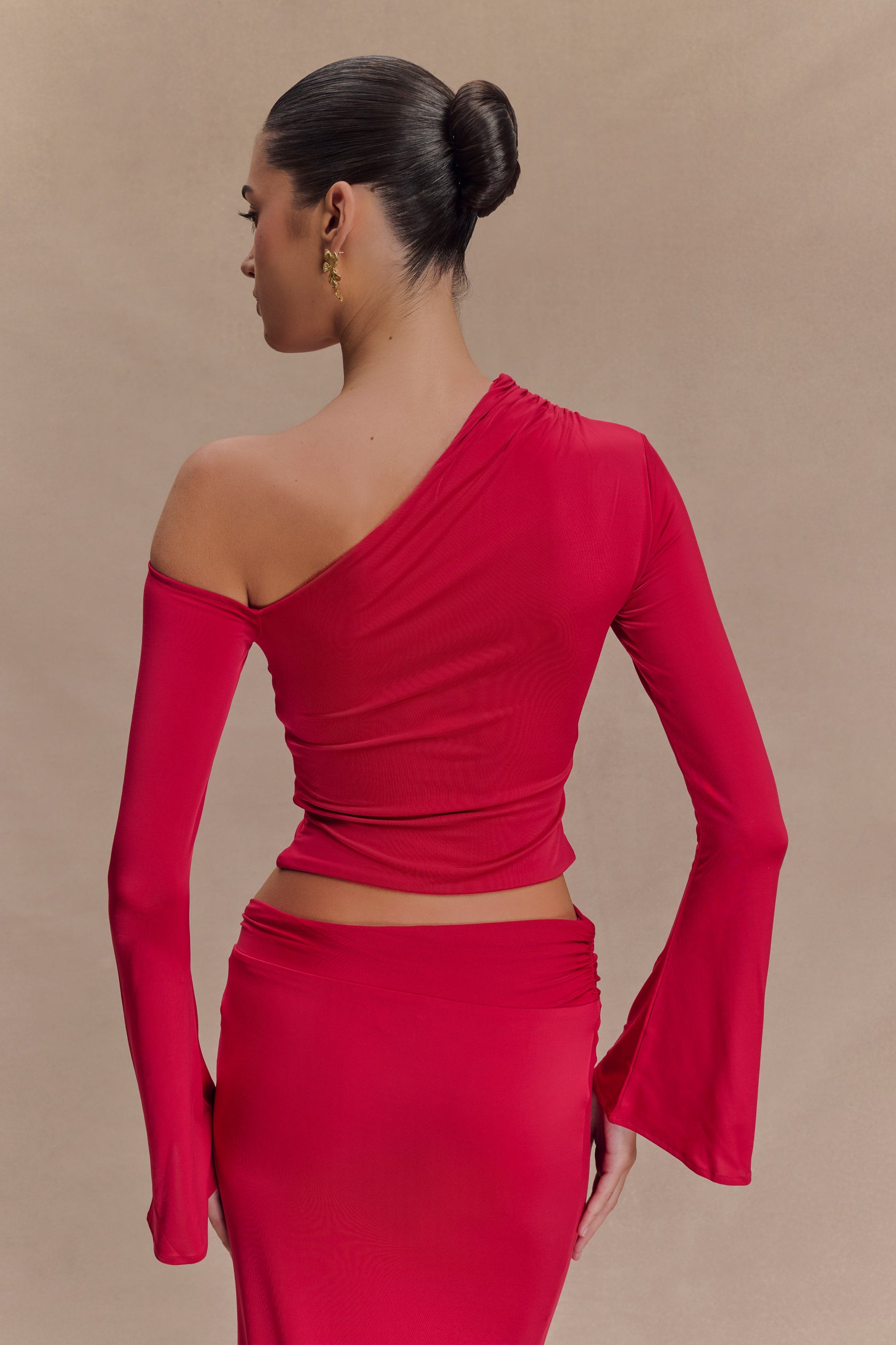 Ainsley Asymmetrical Long Sleeve Top With Floral Hardware - Fuchsia Pink #3