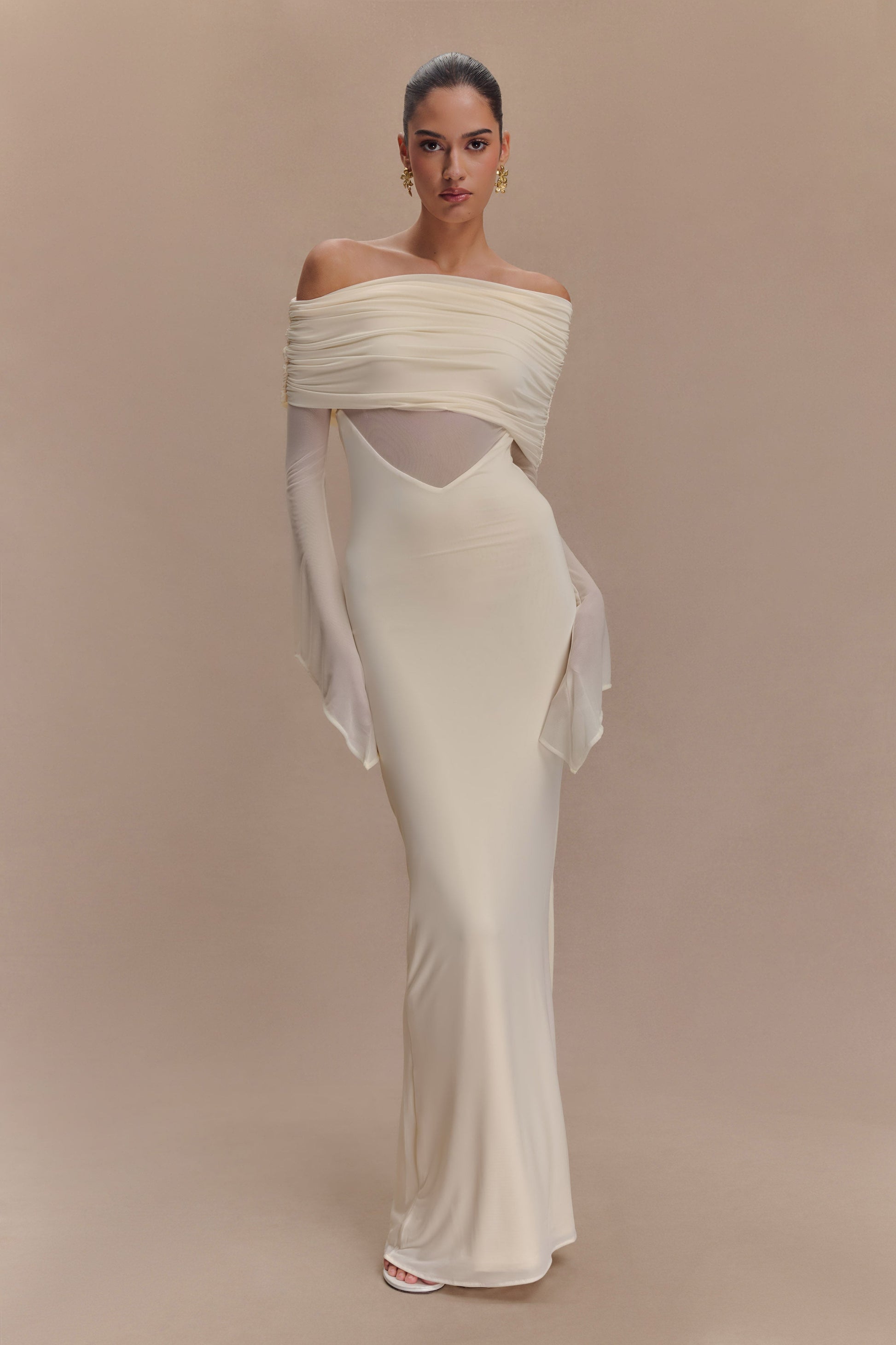 Kaitlin One Shoulder Slinky And Mesh Maxi Dress - Ivory #6