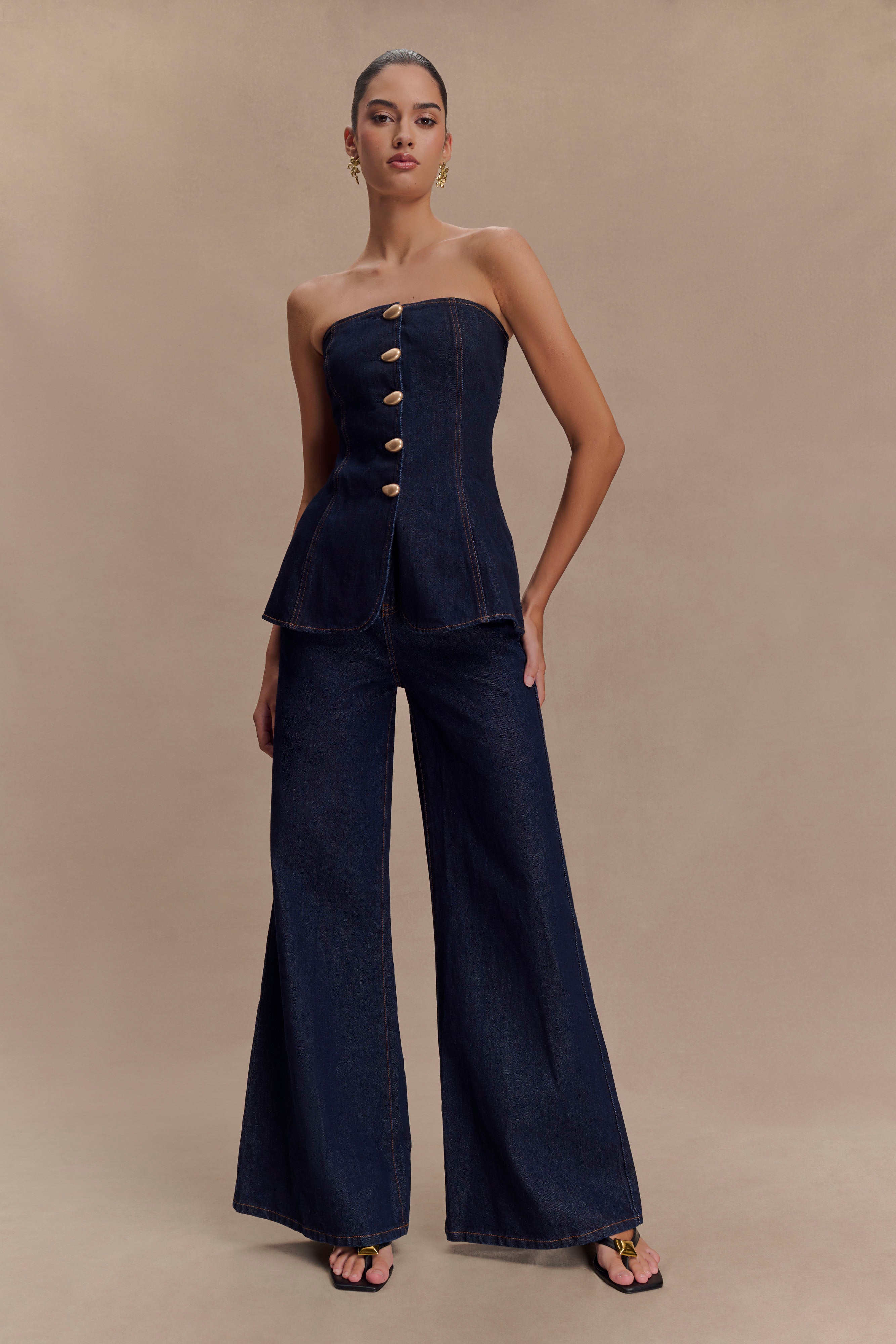 Jen Wide Leg Flare Denim Jeans - Indigo Blue | MESHKI UK