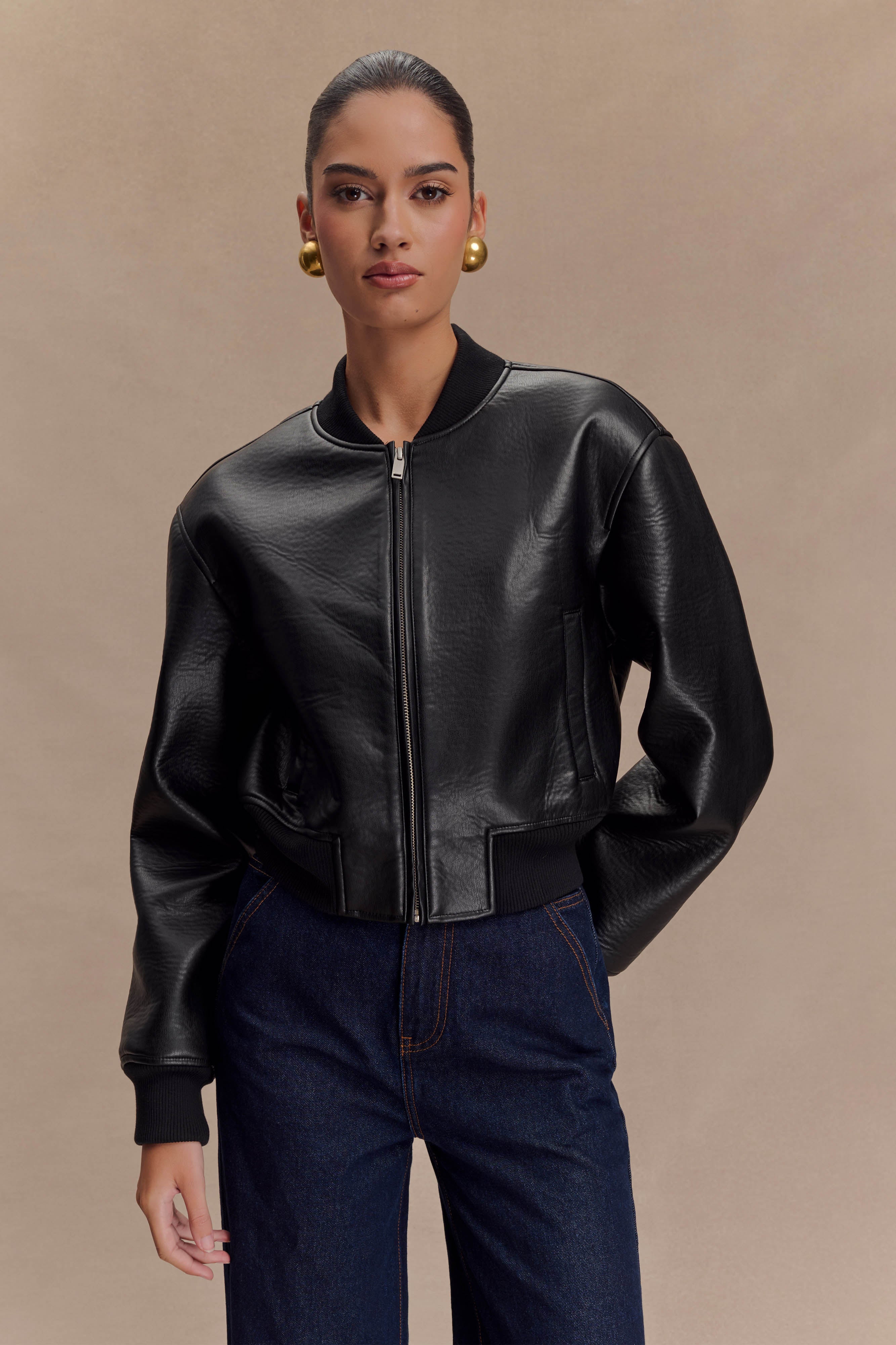 Codi Faux Leather Bomber Jacket - Black | MESHKI UK