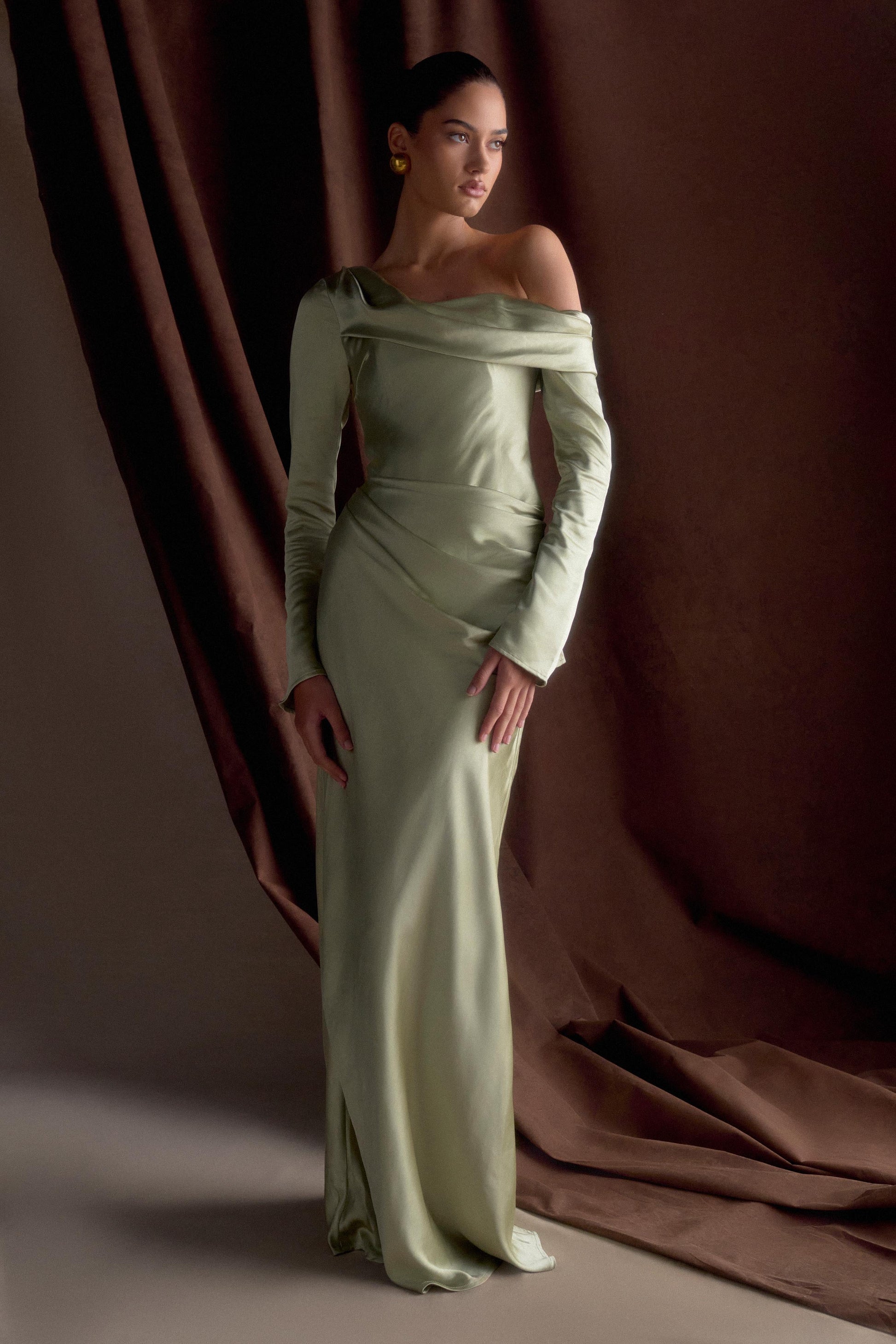 Iris Long Sleeve Satin Maxi Dress - Sage #10