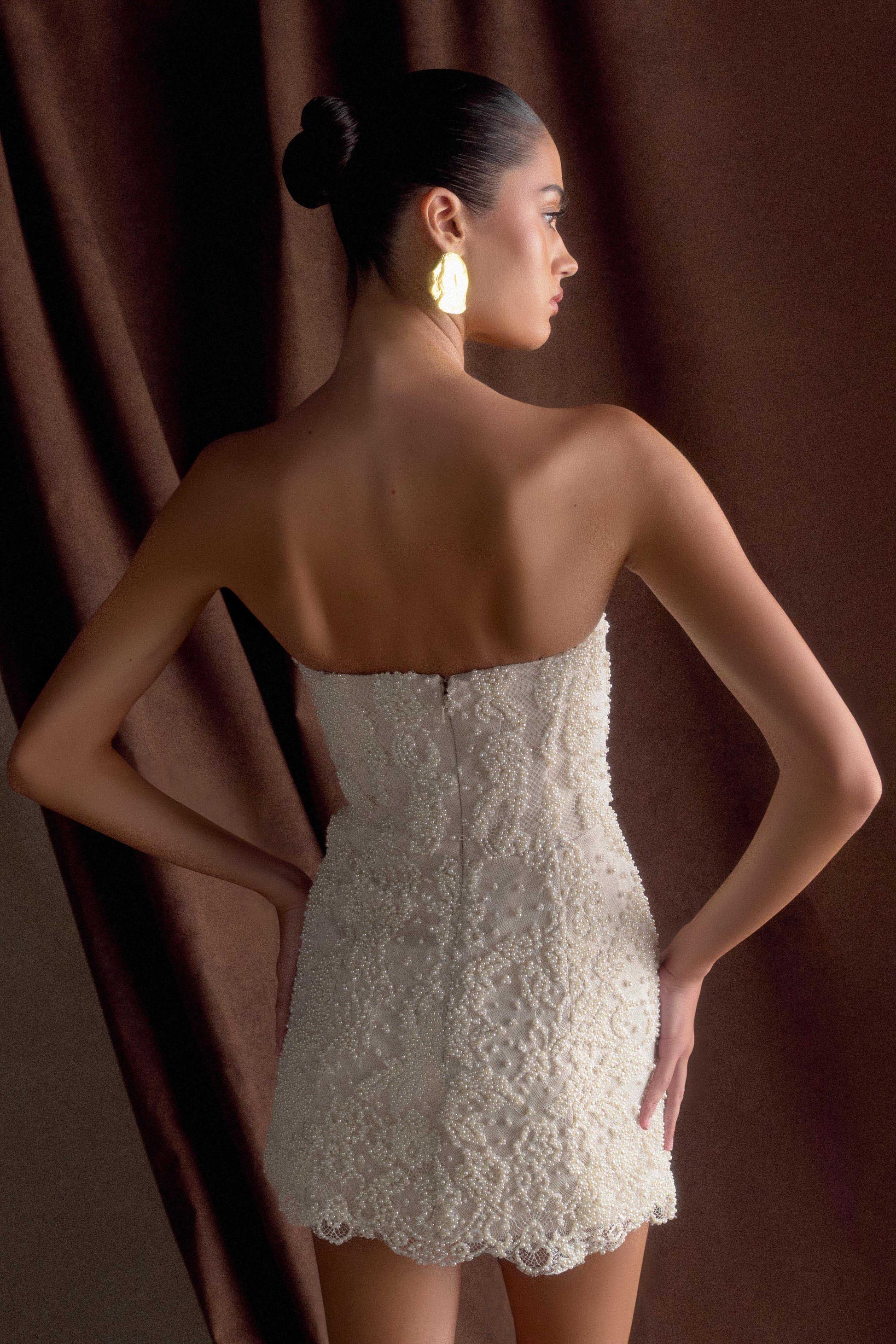 Eva Hand Beaded Pearl & Lace Mini Dress - White #2