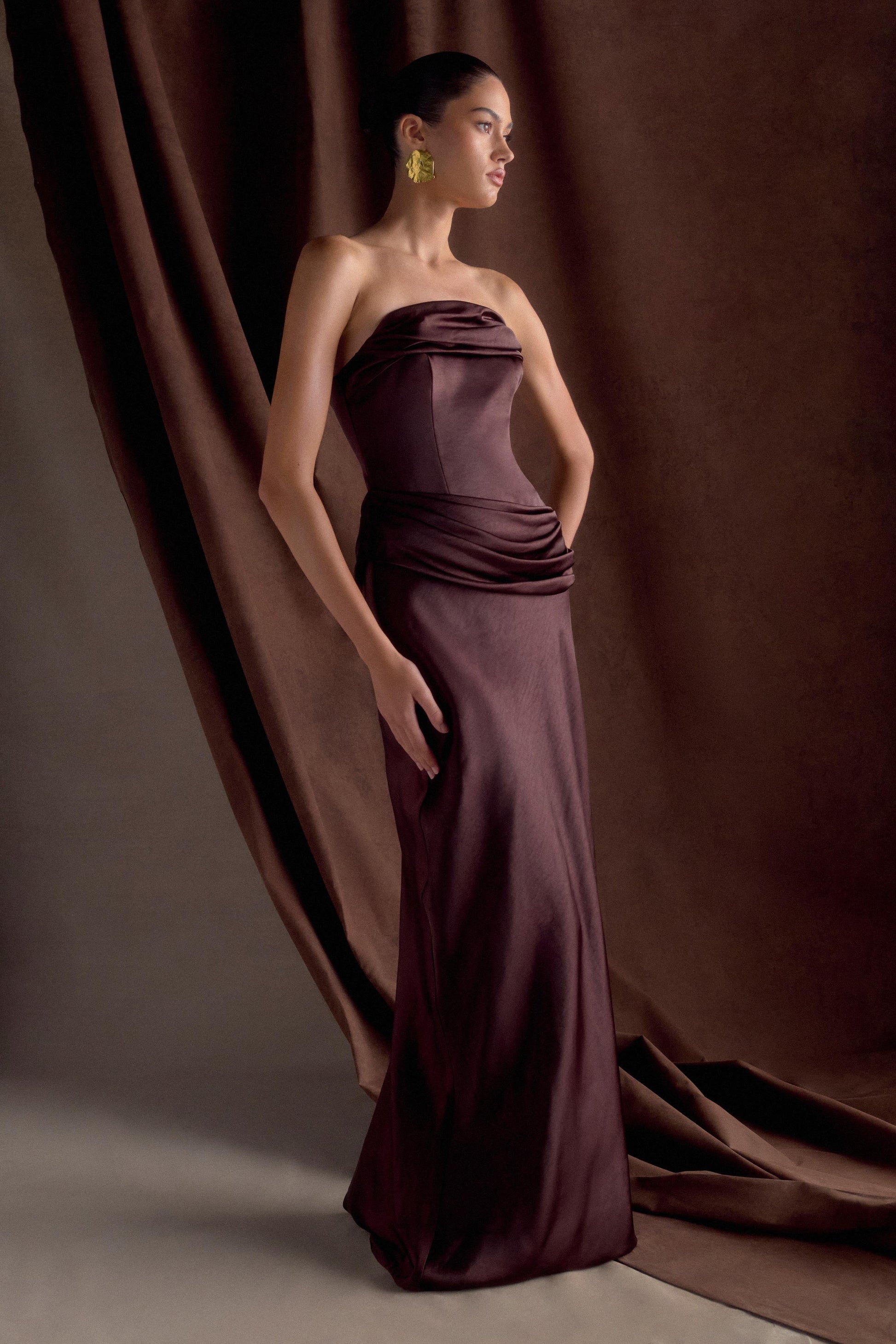 Jasmine Strapless Satin Maxi Dress - Dark Chocolate #10