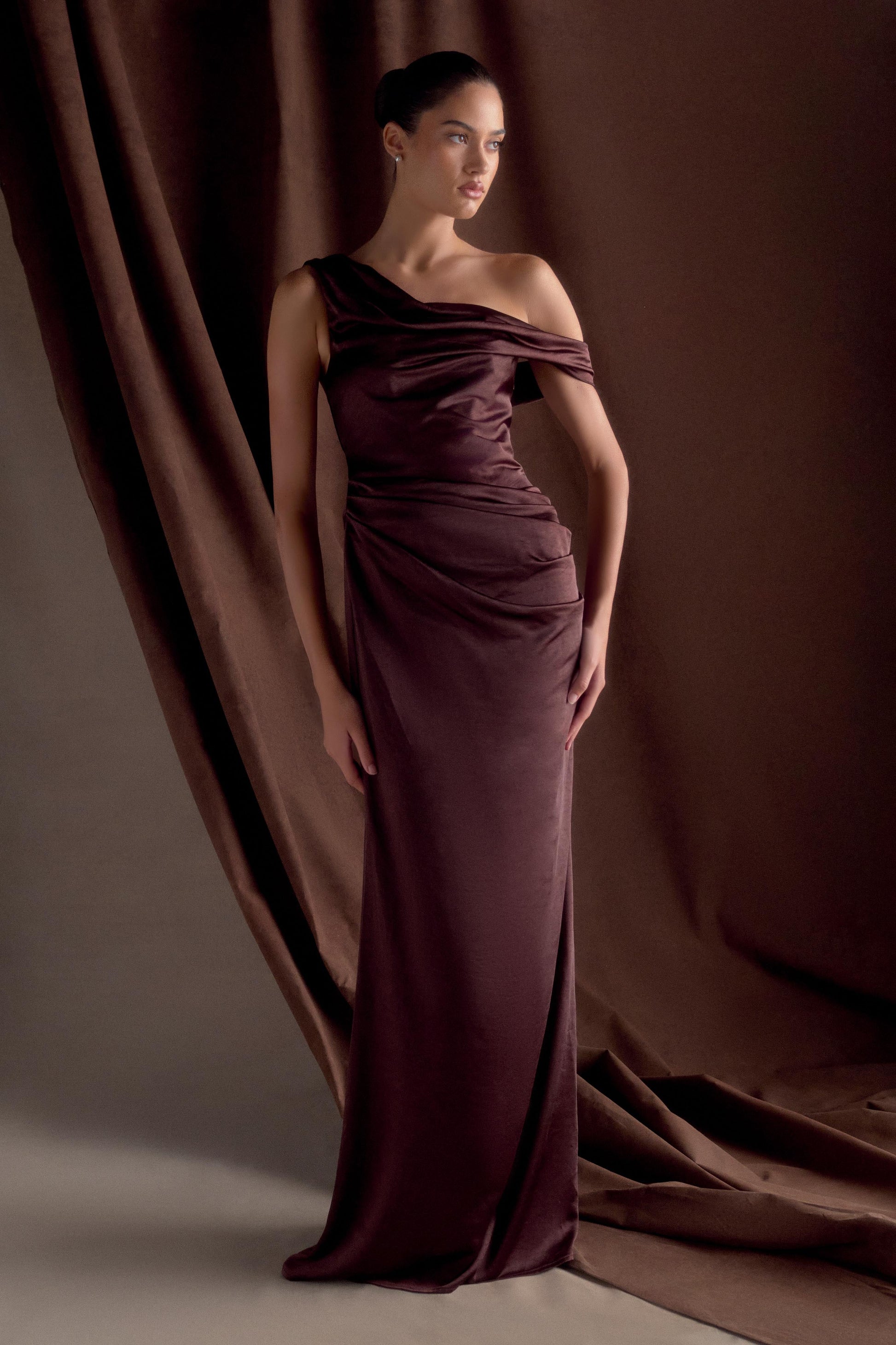 Dalia Off Shoulder Satin Maxi Dress - Dark Chocolate #8