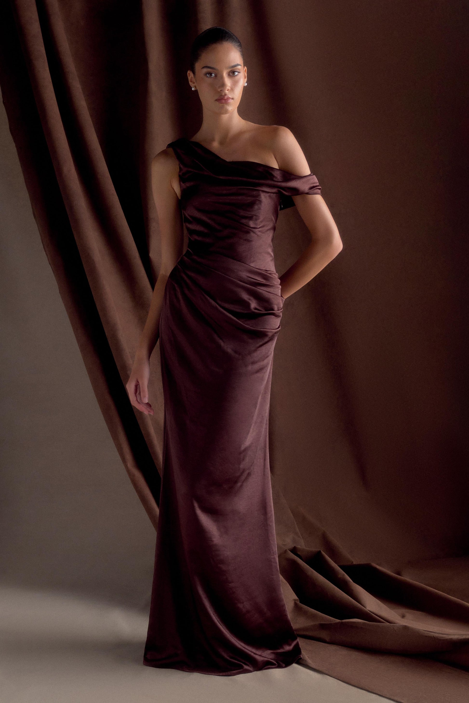 Dalia Off Shoulder Satin Maxi Dress - Dark Chocolate #6