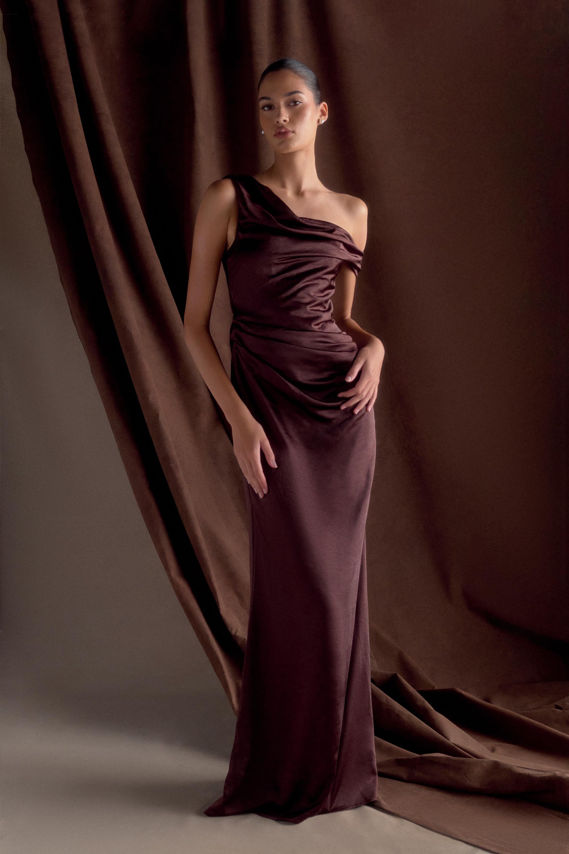 Dalia Off Shoulder Satin Maxi Dress - Dark Chocolate #7