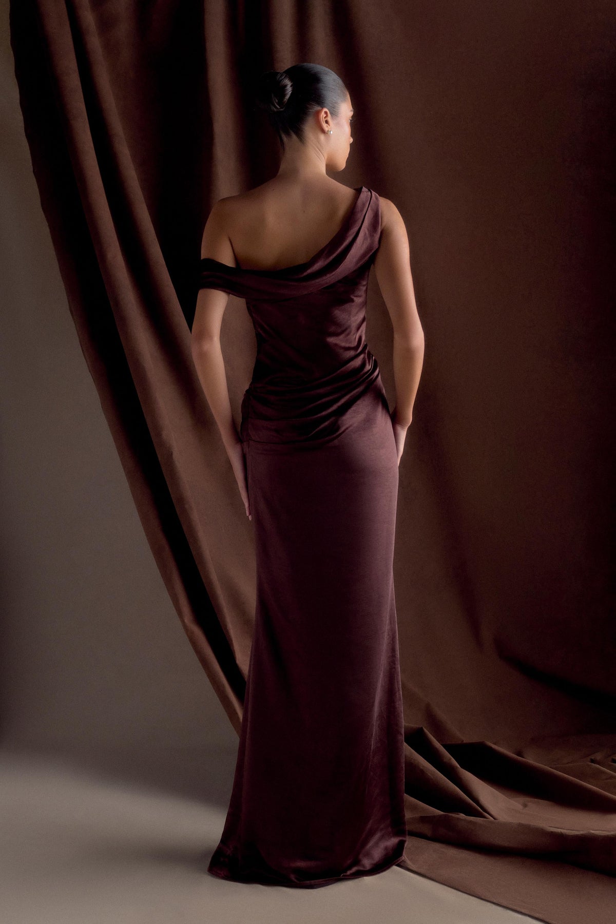 Dalia Off Shoulder Satin Maxi Dress - Dark Chocolate #2