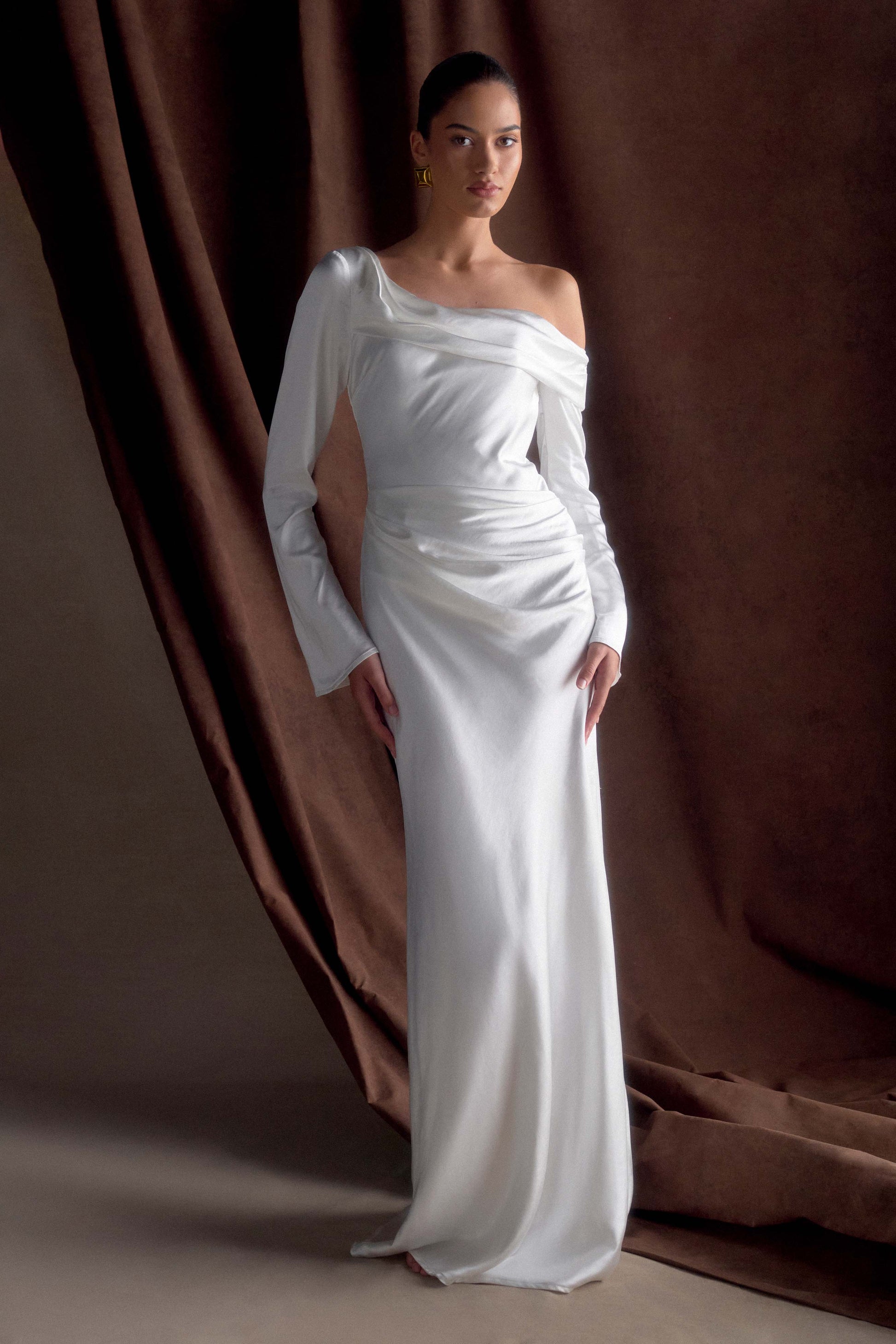 Iris Long Sleeve Satin Maxi Dress - White | MESHKI UK Iris Long Sleeve Satin Maxi Dress - White | MESHKI UK