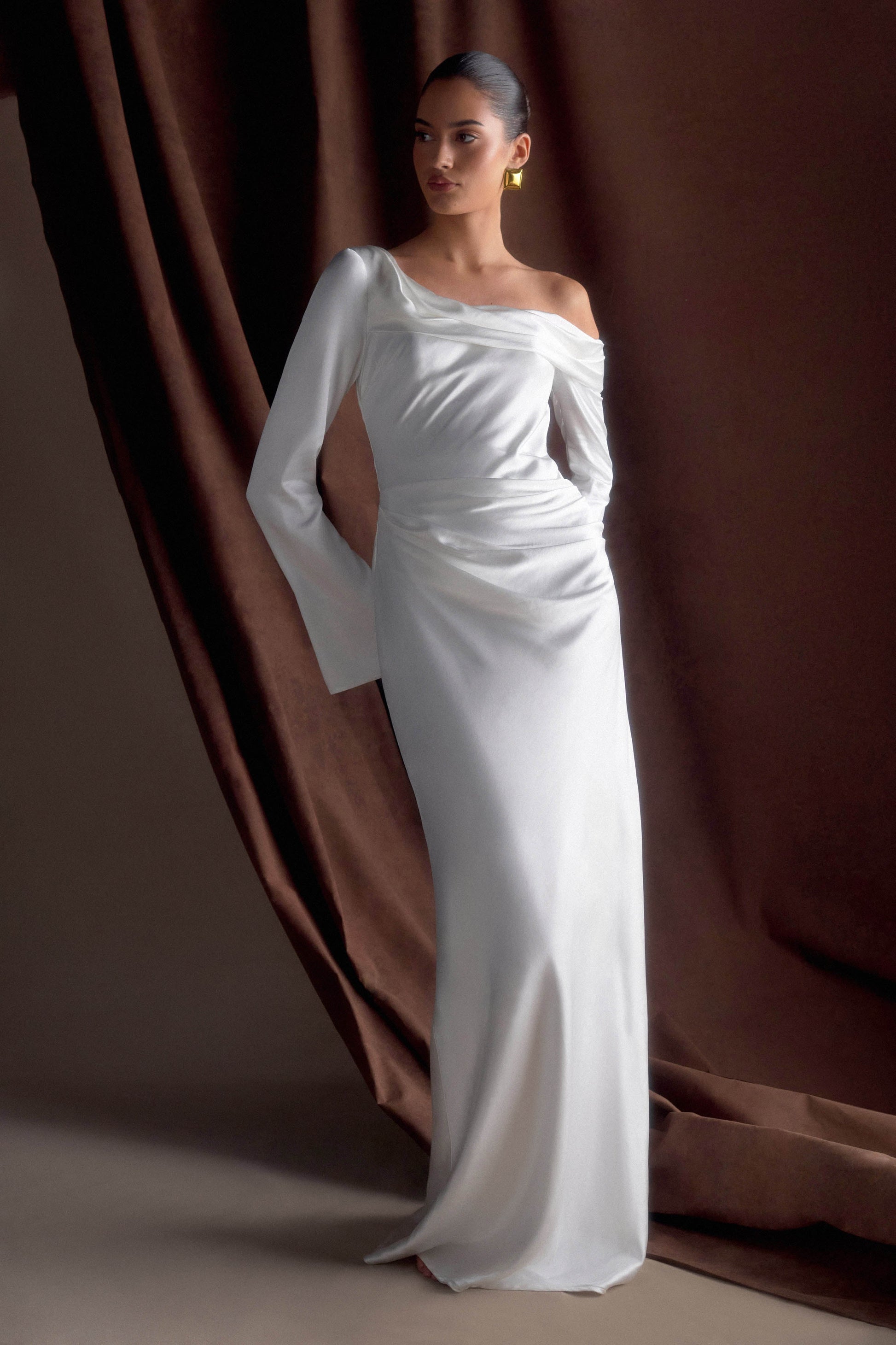 white silk dress with sleeves White Silk Satin Mini Dress With Long Sleeves and Open Back With Bow Tie, Elegant Short Satin Dress for Civil Wedding, Elopement, Rehearsal