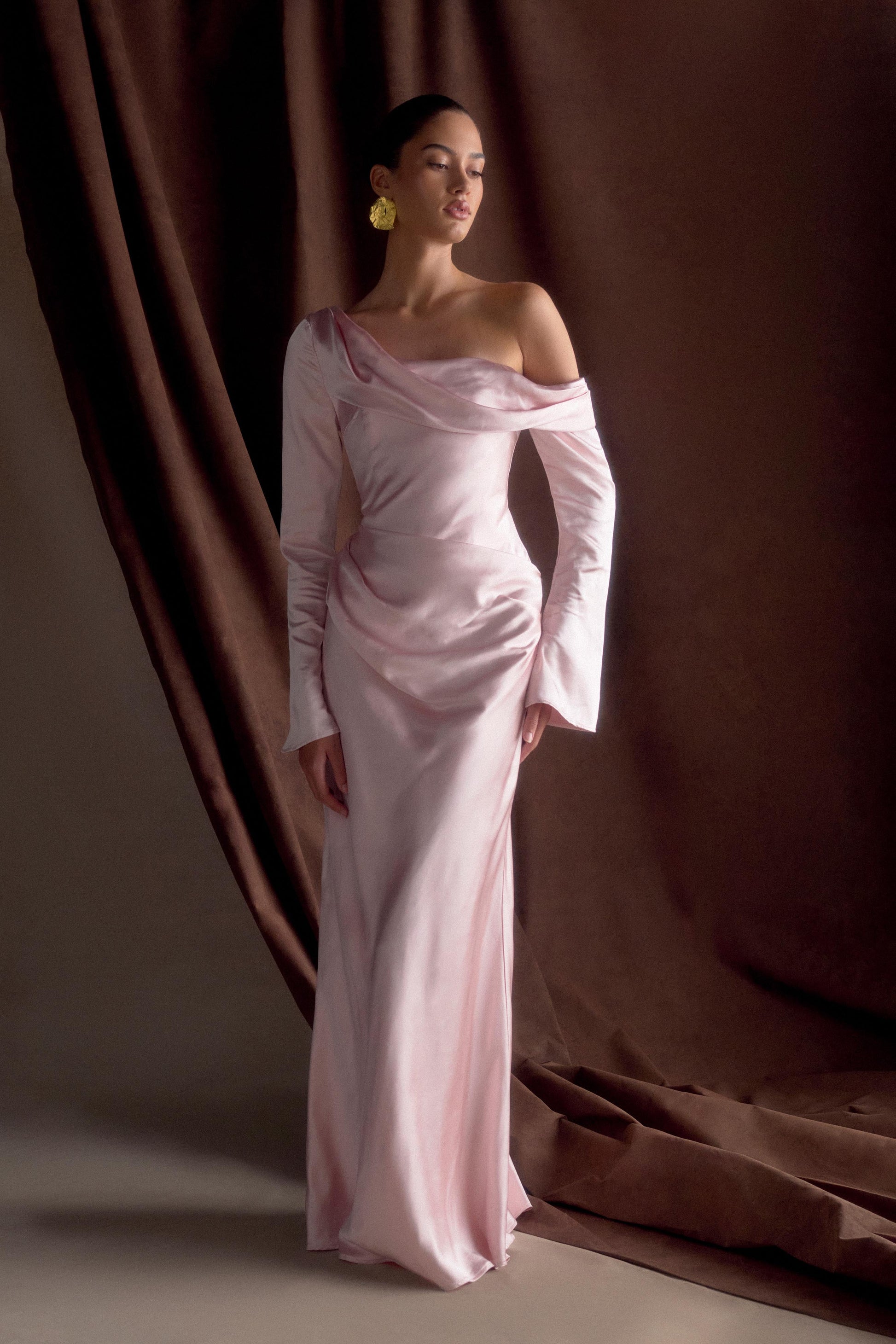 Iris Long Sleeve Satin Maxi Dress - Soft Pink Iris Long Sleeve Satin Maxi Dress - Soft Pink