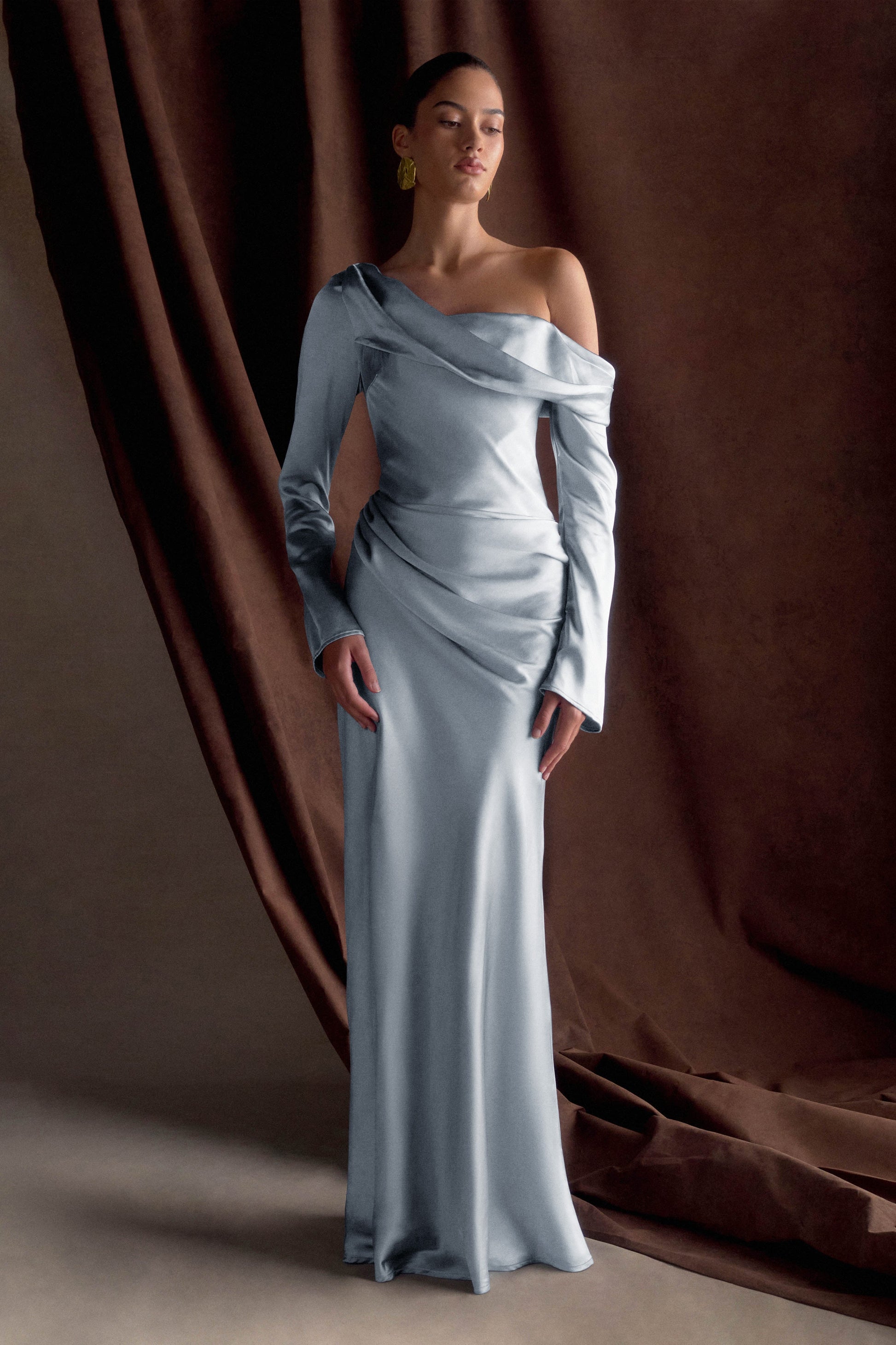 Iris Long Sleeve Satin Maxi Dress - Frosted Blue | MESHKI UK Iris Long Sleeve Satin Maxi Dress - Frosted Blue | MESHKI UK
