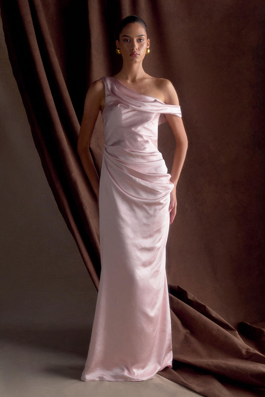 Dalia Off Shoulder Satin Maxi Dress - Soft Pink