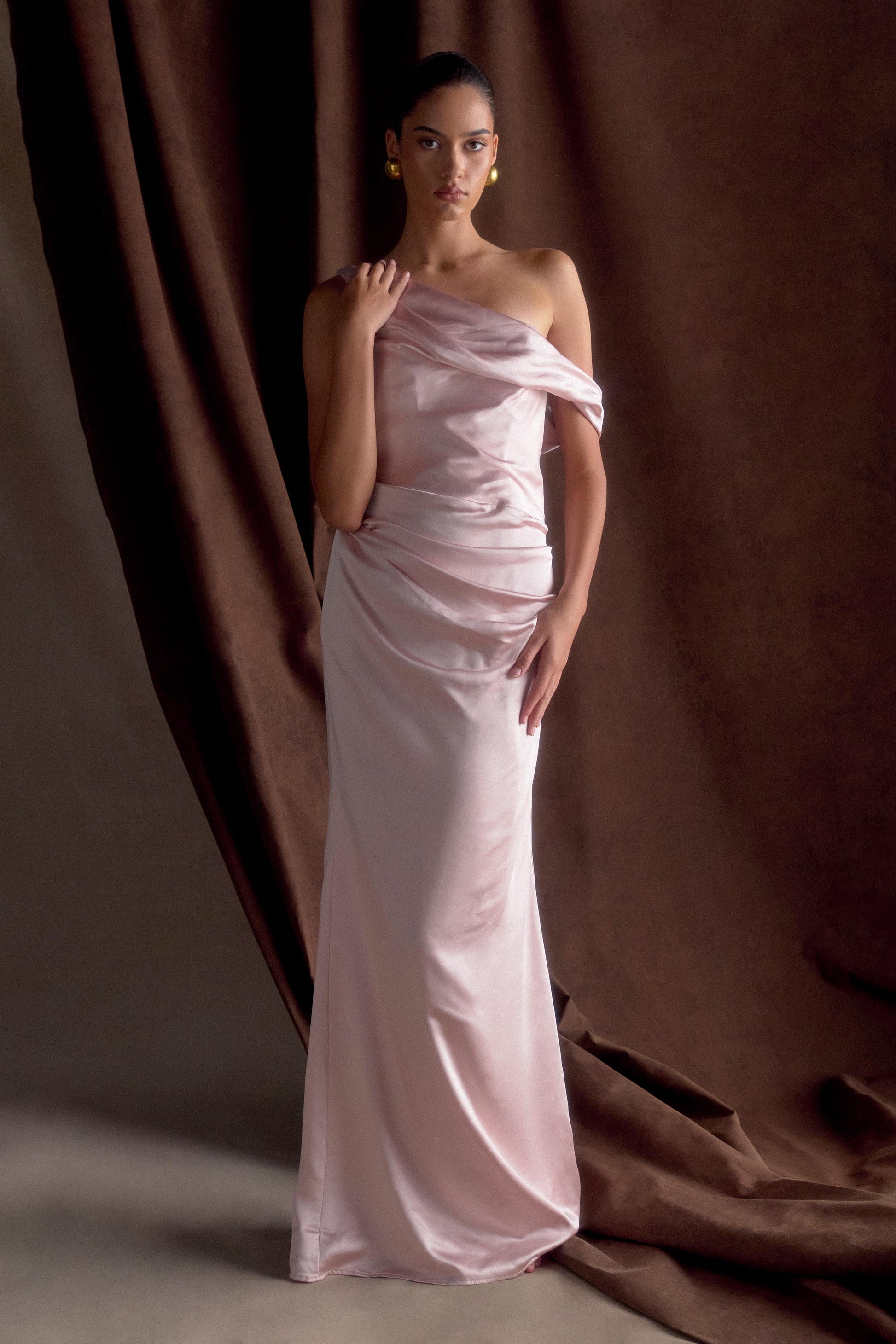 Dalia Off Shoulder Satin Maxi Dress - Soft Pink #11