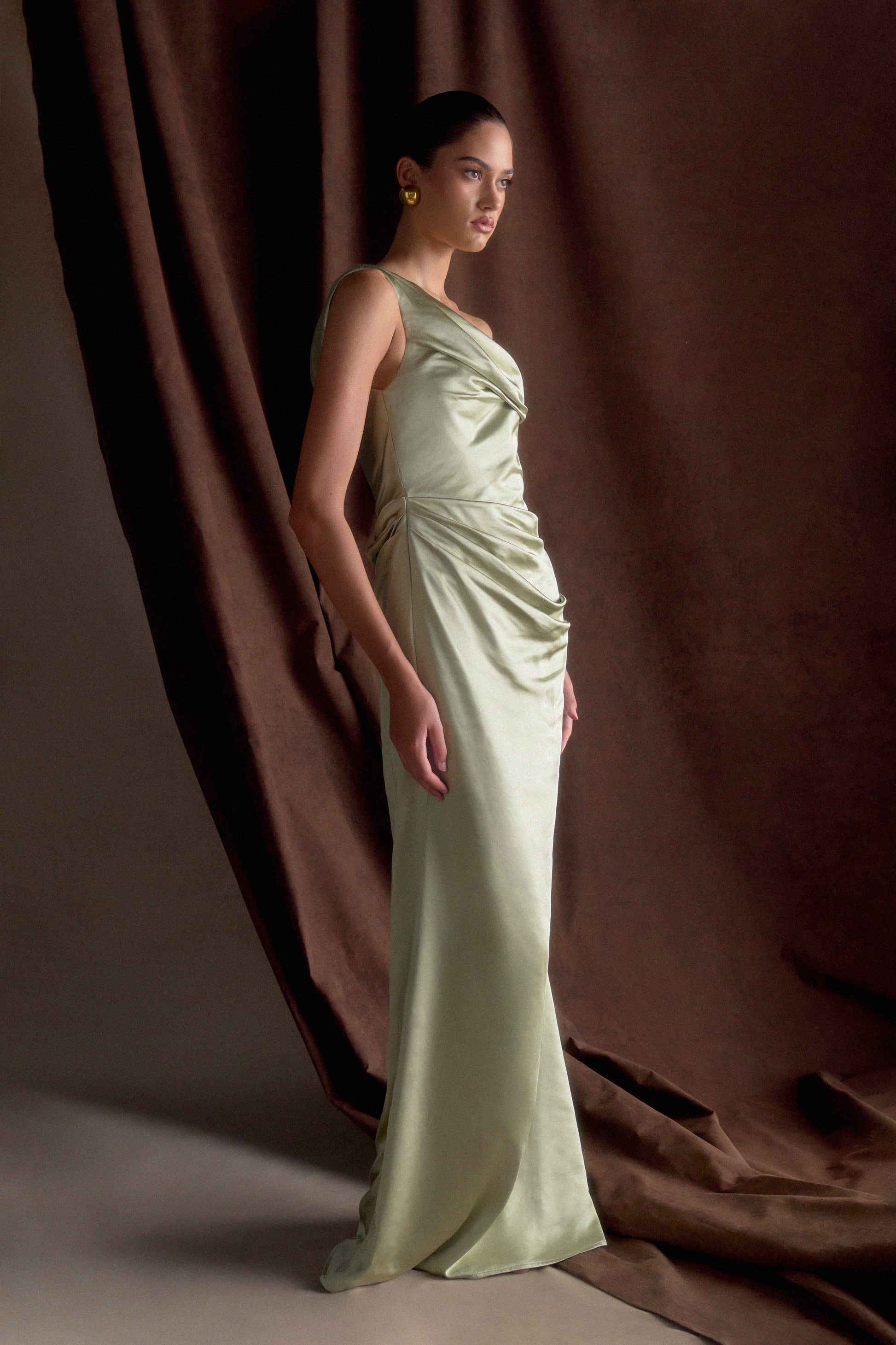 Dalia Off Shoulder Satin Maxi Dress - Sage #7