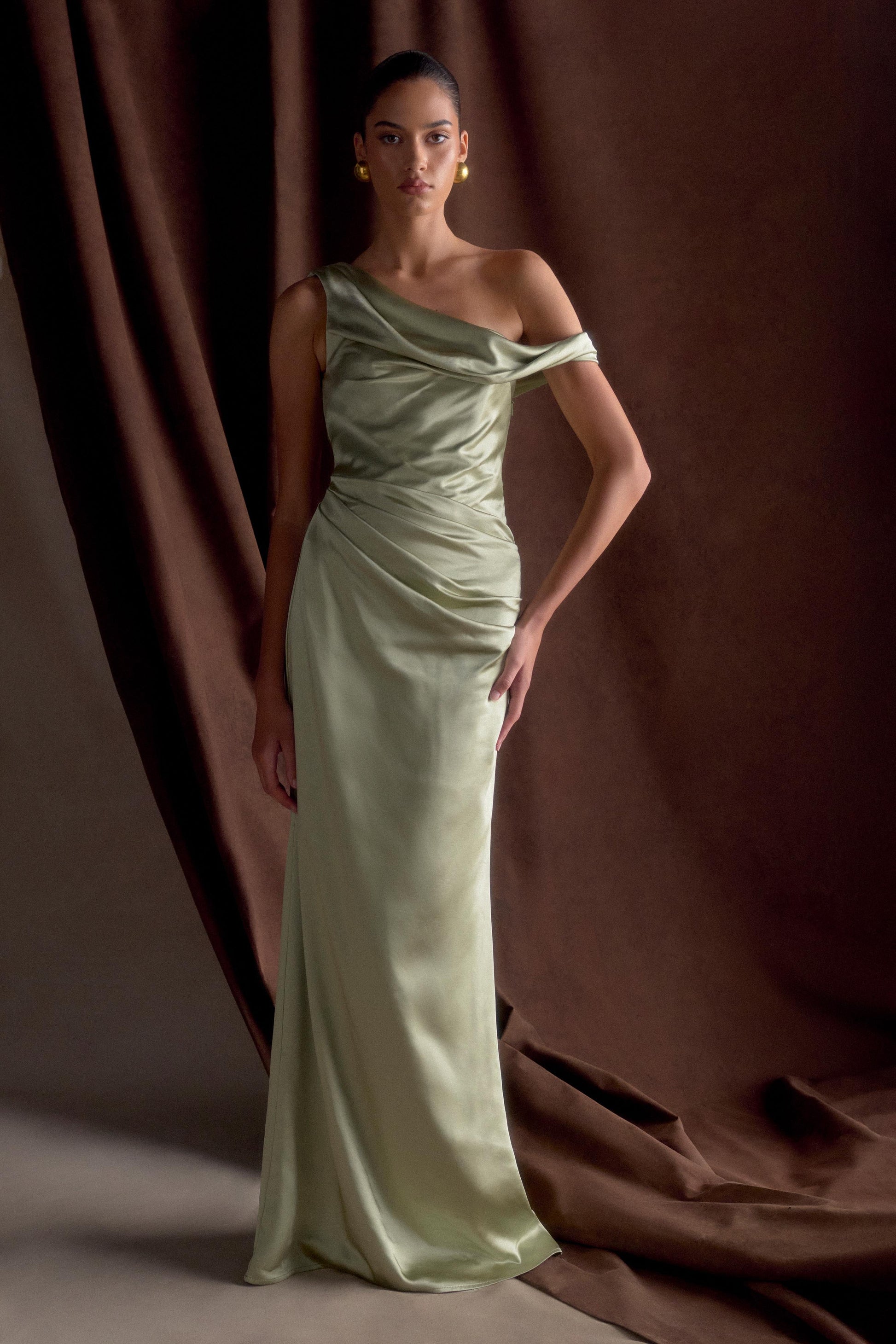 Dalia Off Shoulder Satin Maxi Dress - Sage #6