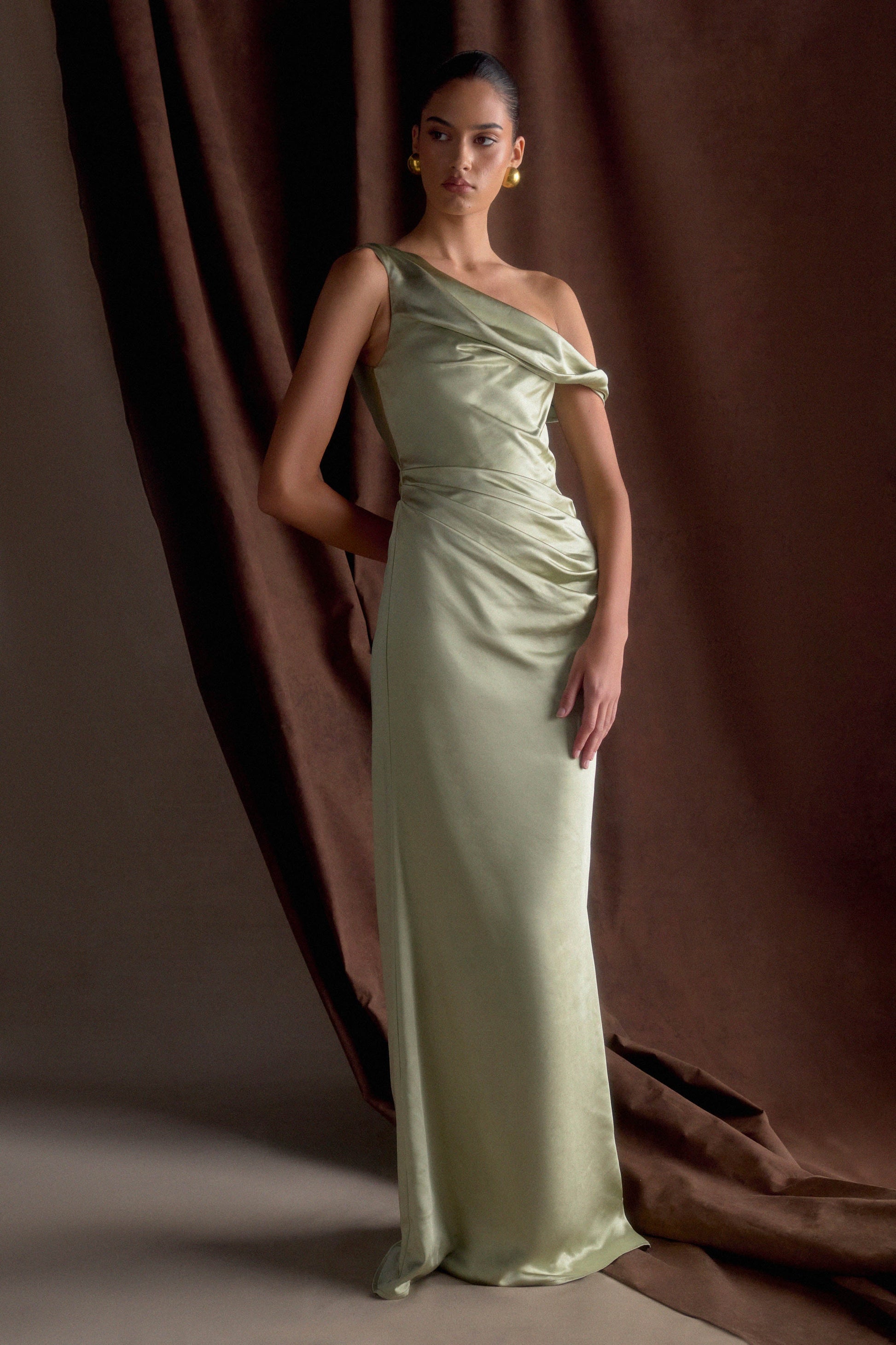 Dalia Off Shoulder Satin Maxi Dress - Sage #9