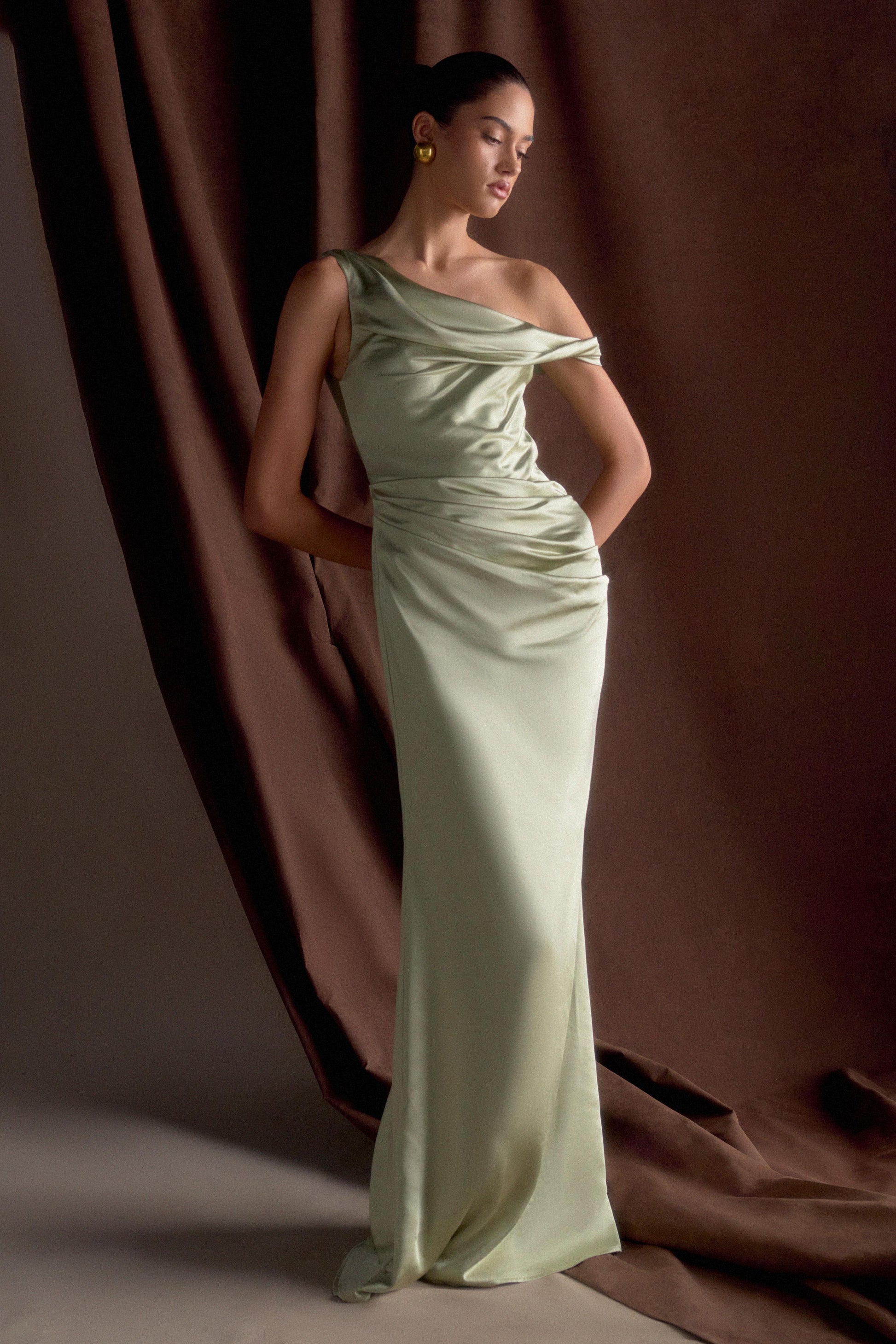 Dalia Off Shoulder Satin Maxi Dress - Sage #8