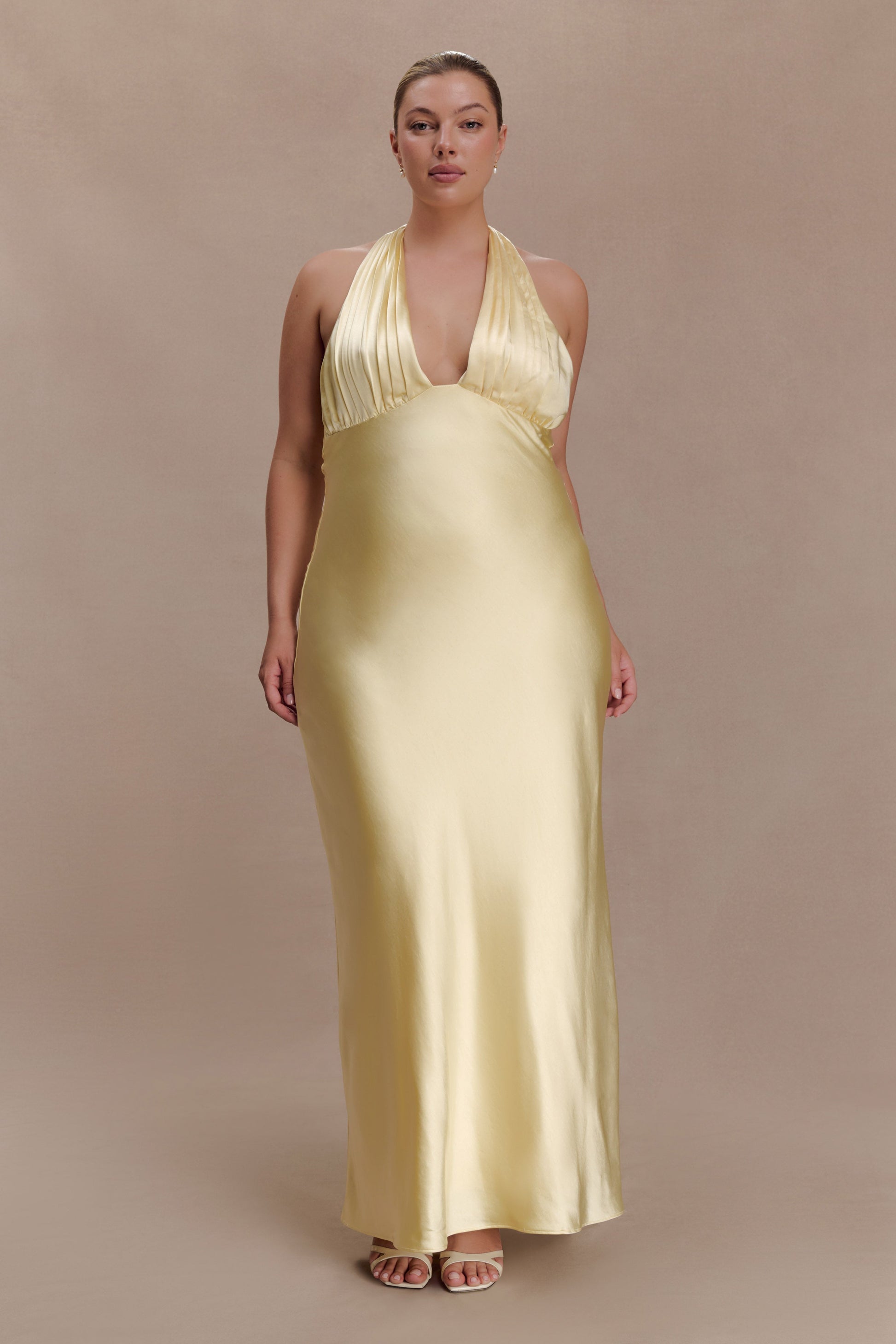 Alice Satin Halter Maxi Dress - Lemon