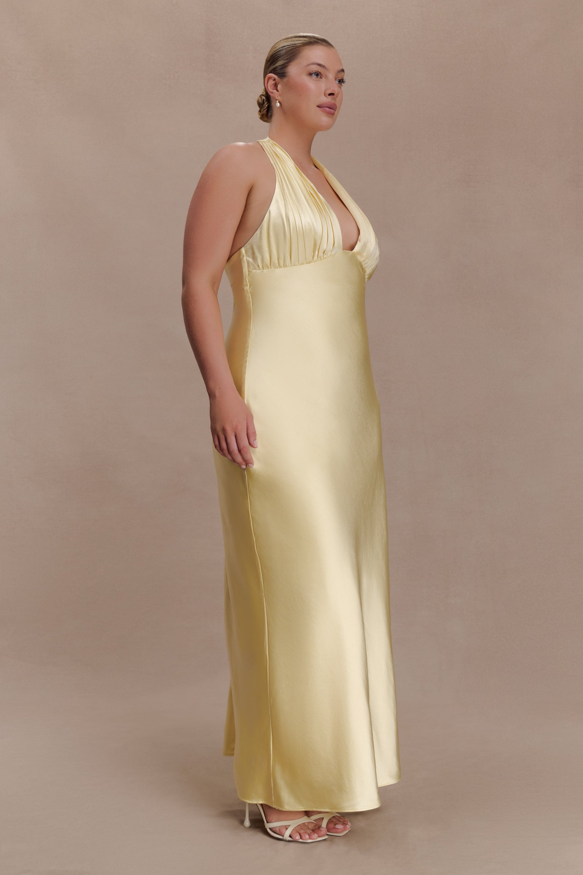 Alice Satin Halter Maxi Dress - Lemon #3