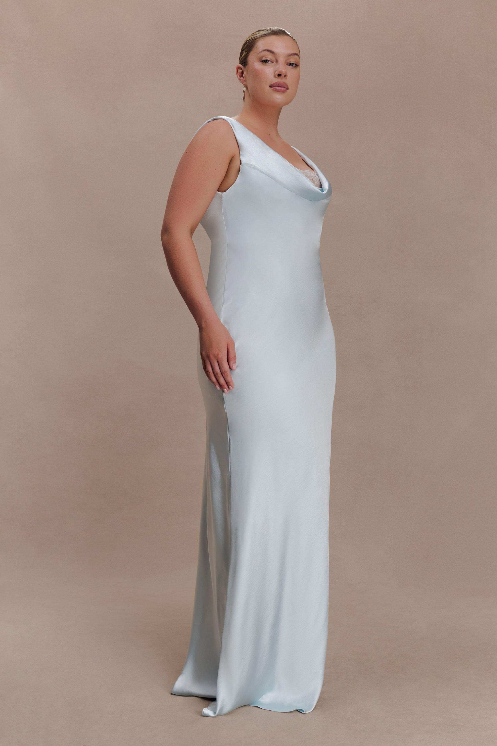 Ashley Cowl Neck Lace And Satin Maxi Dress - Ice Blue #6