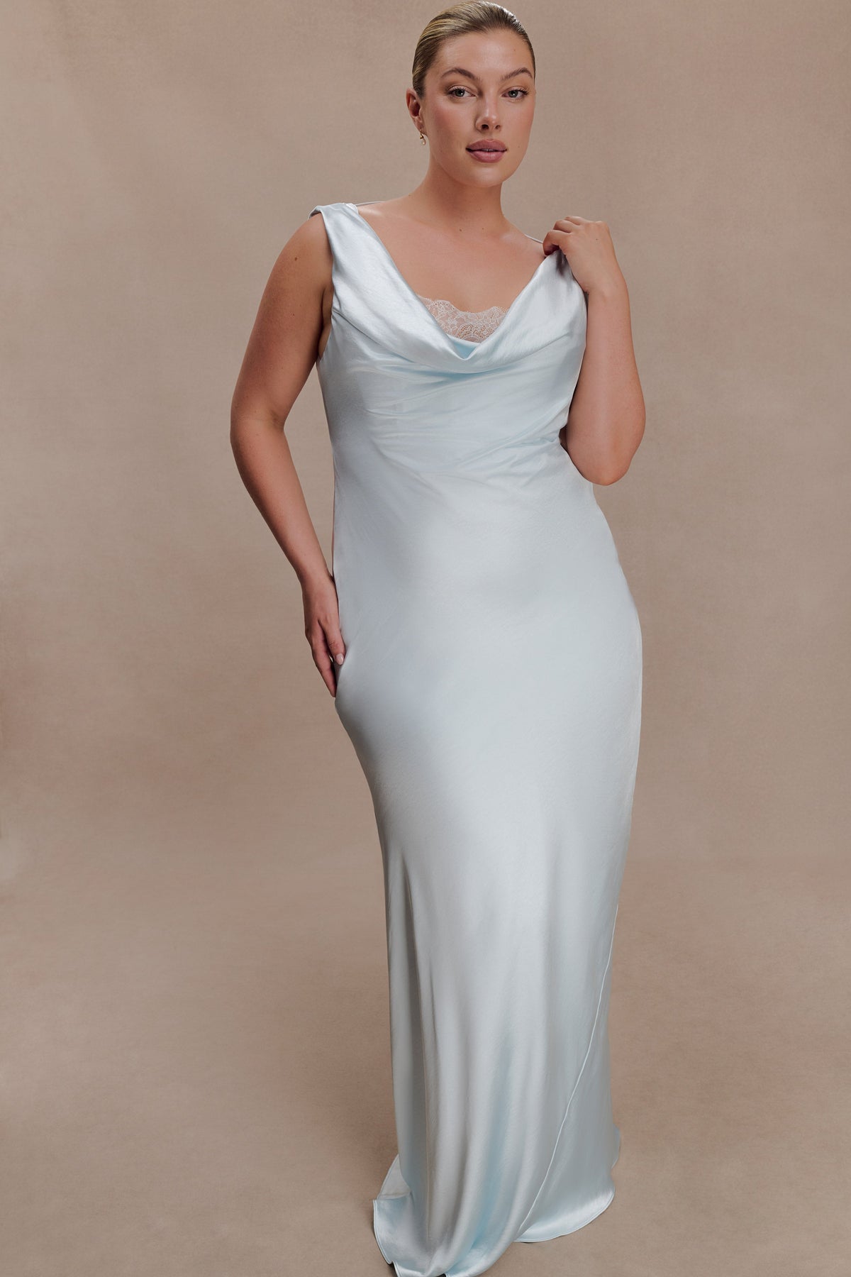 Ashley Cowl Neck Lace And Satin Maxi Dress - Ice Blue #6