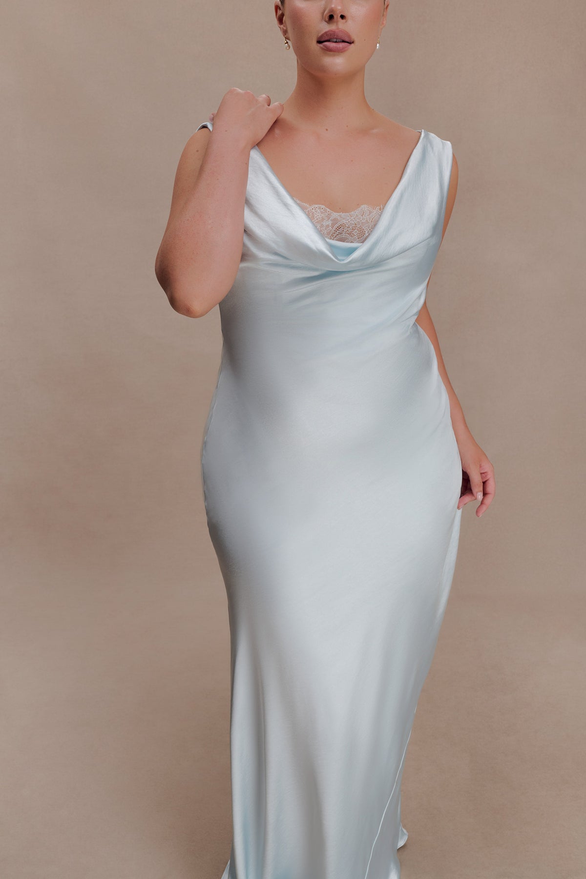 Ashley Cowl Neck Lace And Satin Maxi Dress - Ice Blue #8