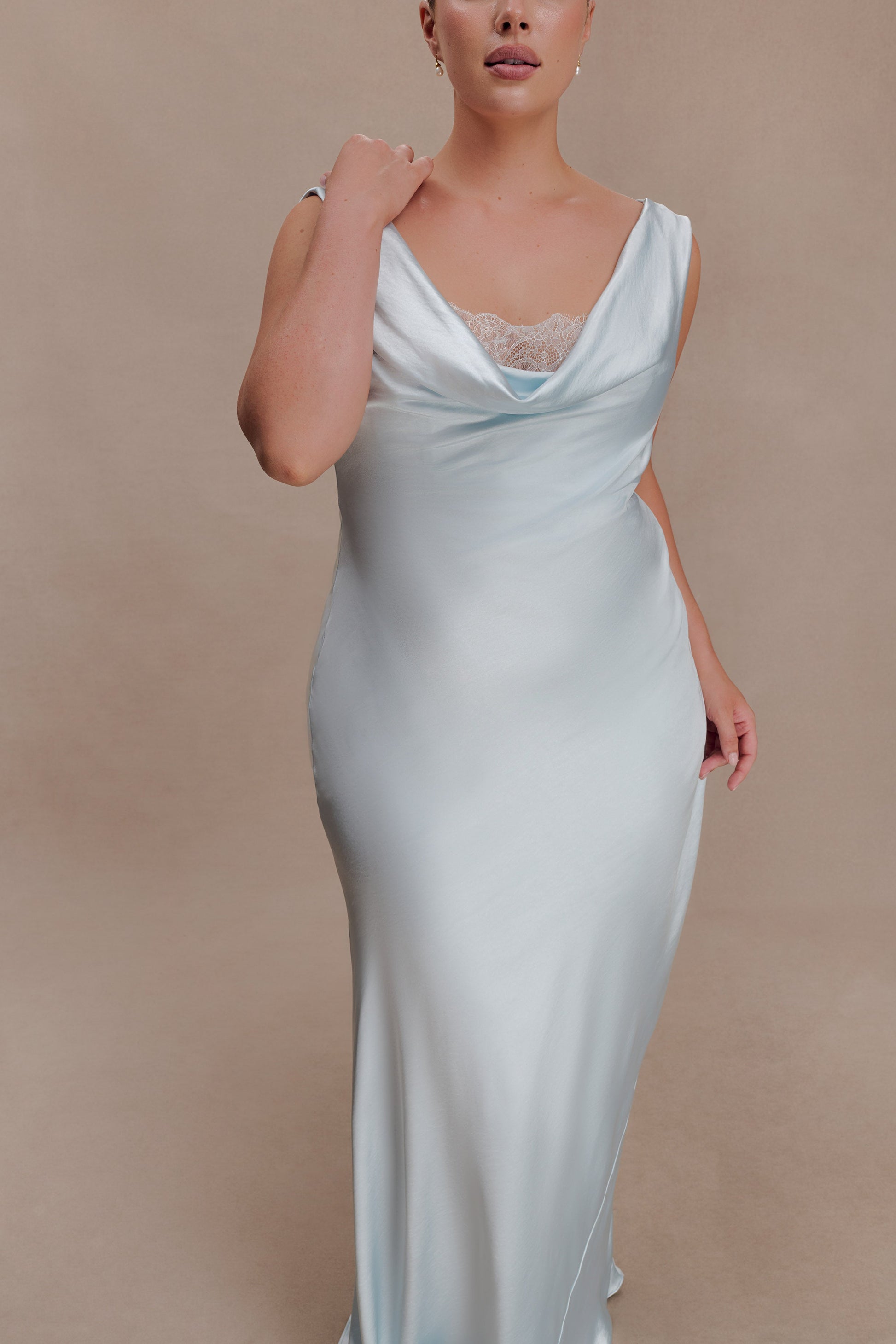 Ashley Cowl Neck Lace And Satin Maxi Dress - Ice Blue #8