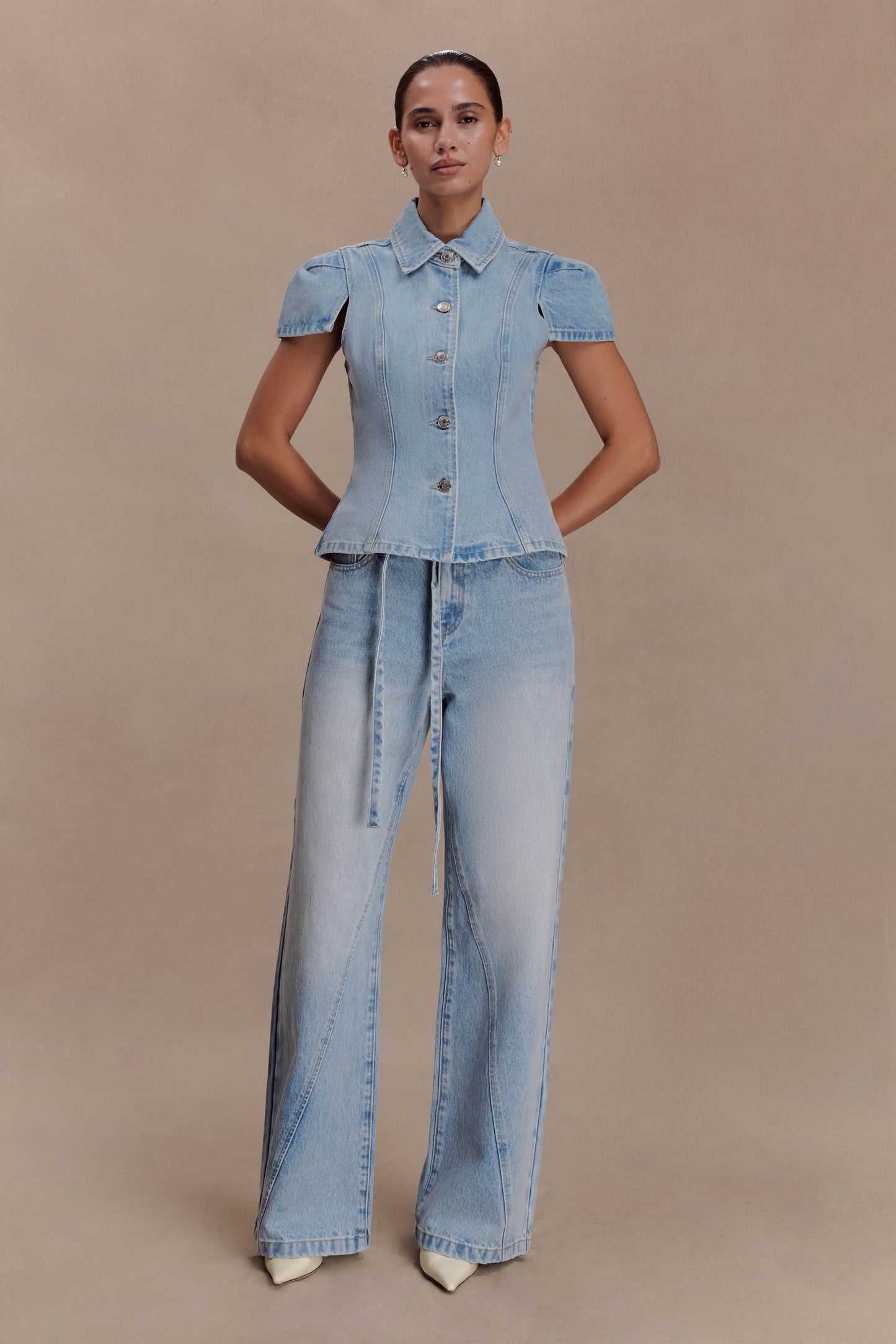Bently Short Sleeve Denim Top - Washed Light Blue