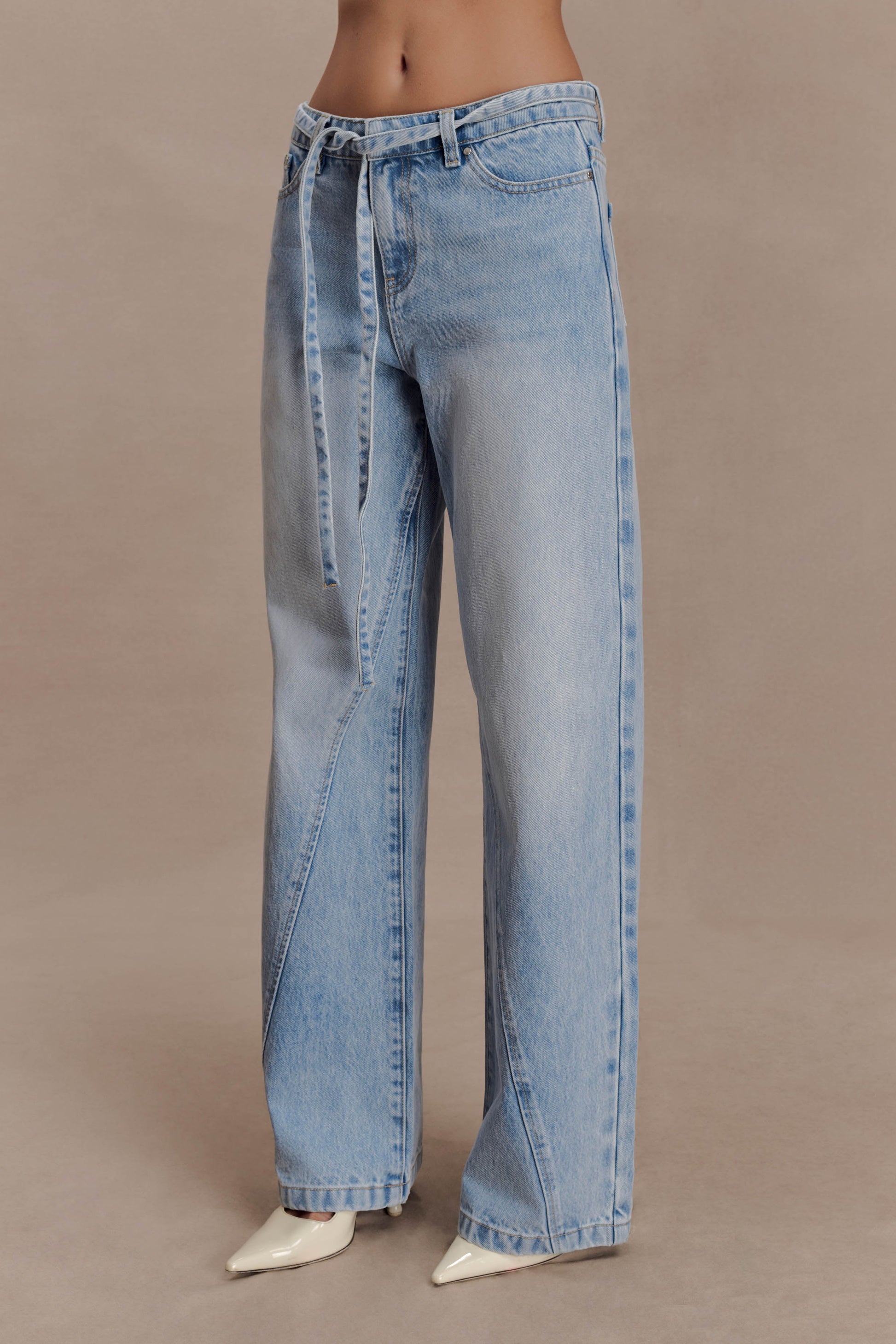 Perrie Mid Rise Straight Leg Tie Jeans - Washed Light Blue #8