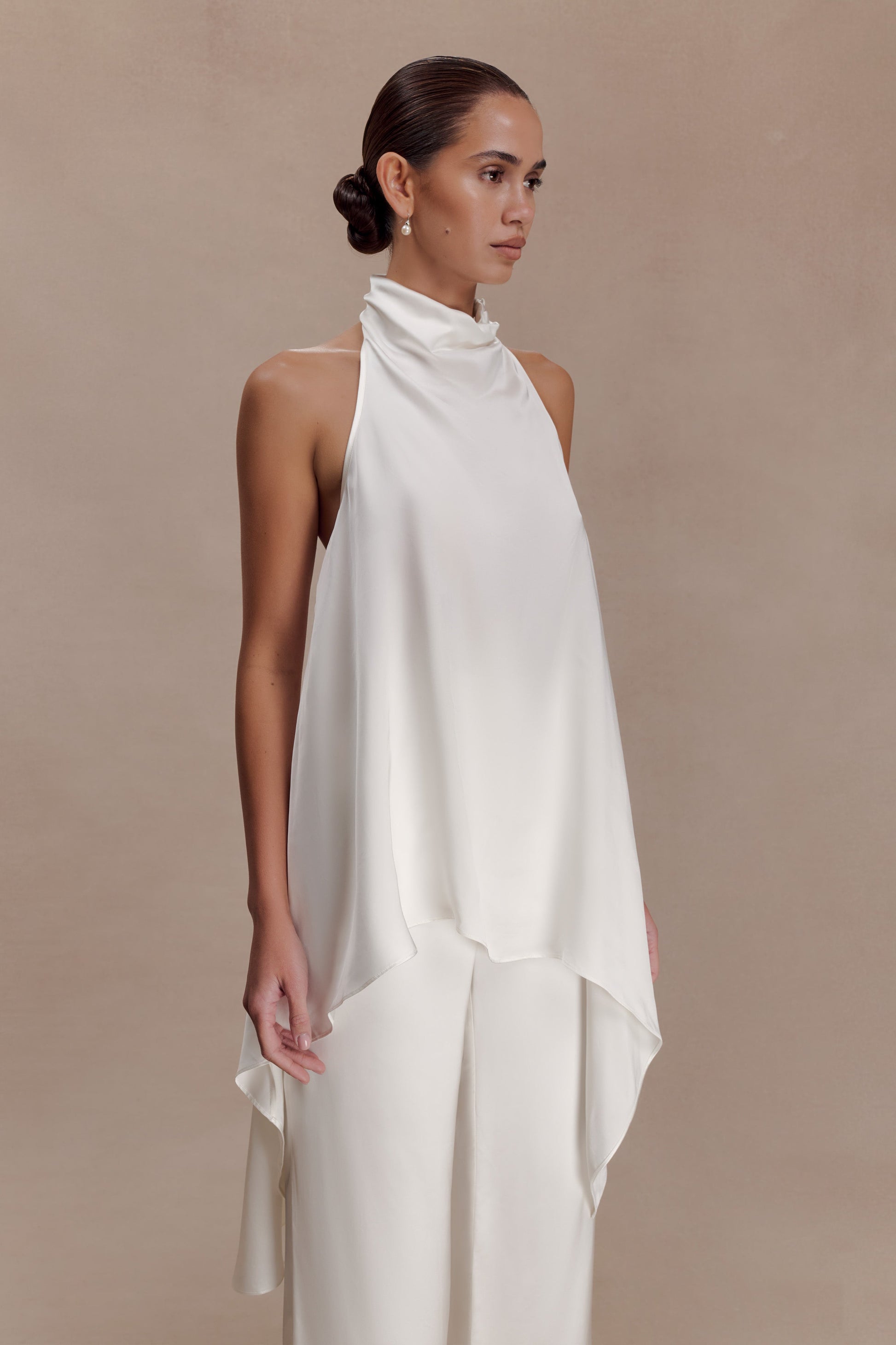 Sydney Asymmetrical Satin Halter Top - Ivory #4