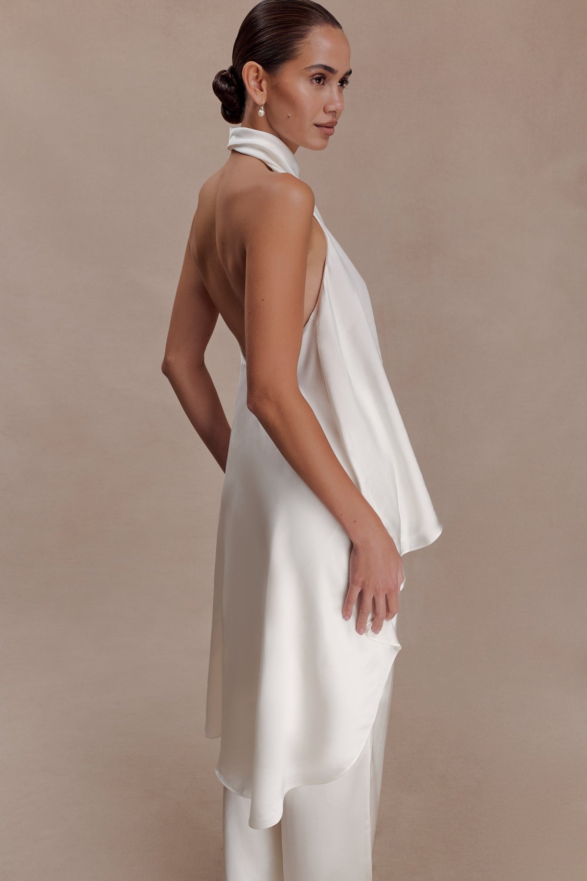 Sydney Asymmetrical Satin Halter Top - Ivory #3