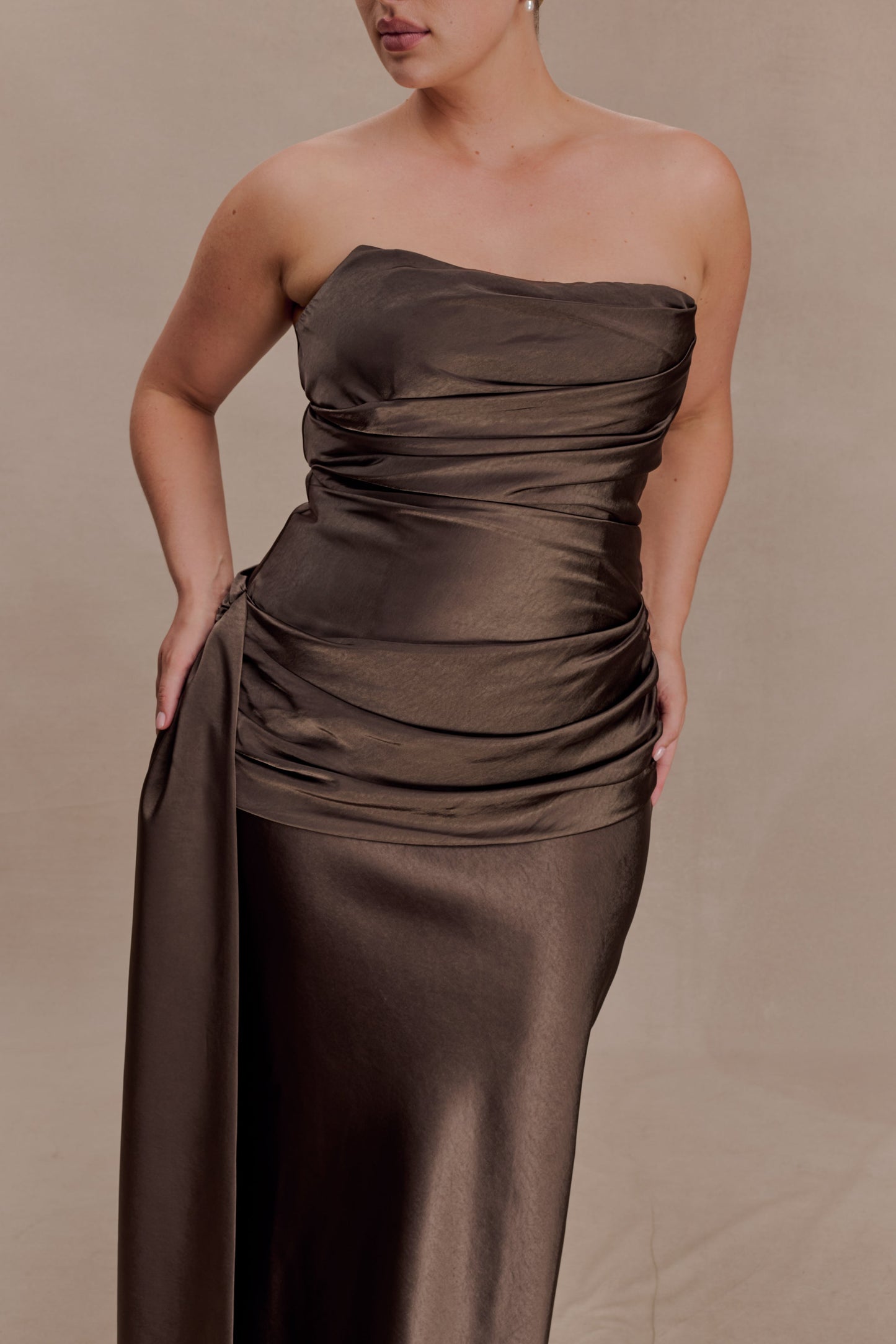 Sarah Strapless Maxi Dress With Waist Tie - Mocha