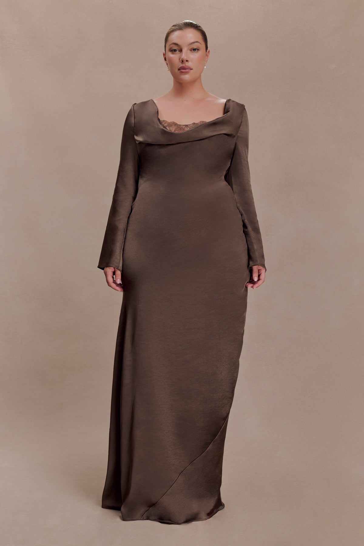 Eliza Long Sleeve Cowl Lace And Satin Maxi Dress - Mocha #2
