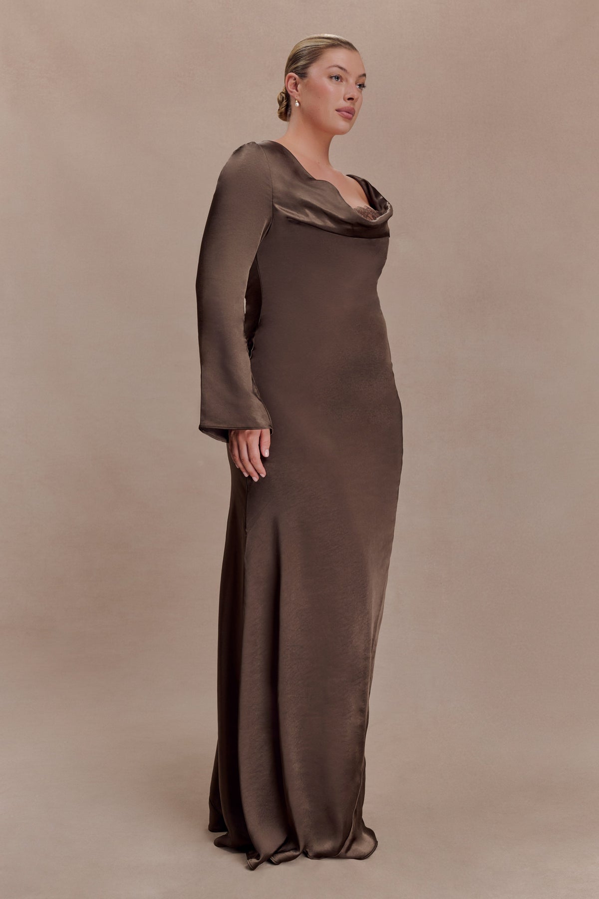 Eliza Long Sleeve Cowl Lace And Satin Maxi Dress - Mocha #7
