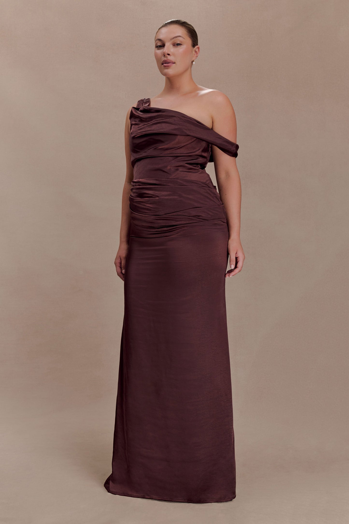 Dalia Off Shoulder Satin Maxi Dress - Dark Chocolate
