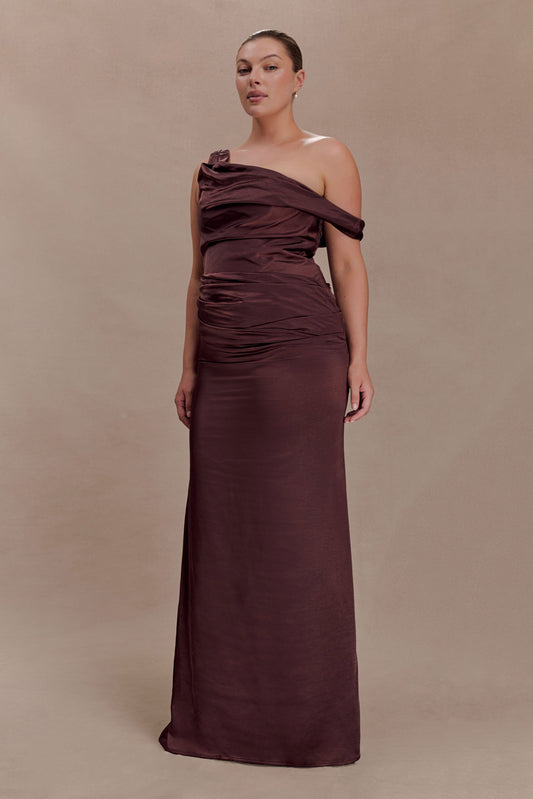 Dalia Off Shoulder Satin Maxi Dress - Dark Chocolate